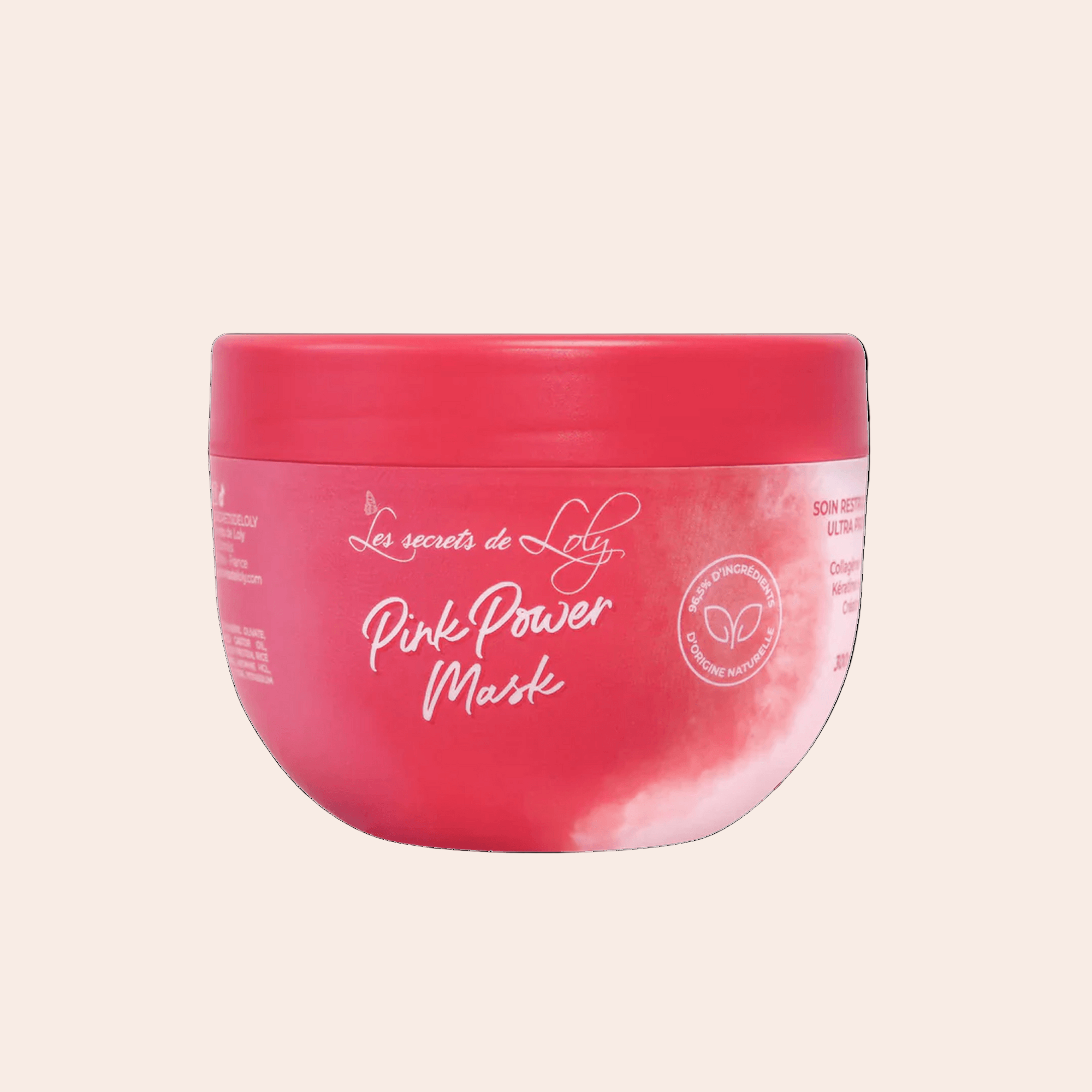 Les Secrets de Loly Pink Power Maske, eine intensiv pflegende Haarmaske mit Granatapfel- und Aloe-Vera-Extrakten, die das Haar stärkt, mit Feuchtigkeit versorgt und für weiche, definierte Locken sorgt.