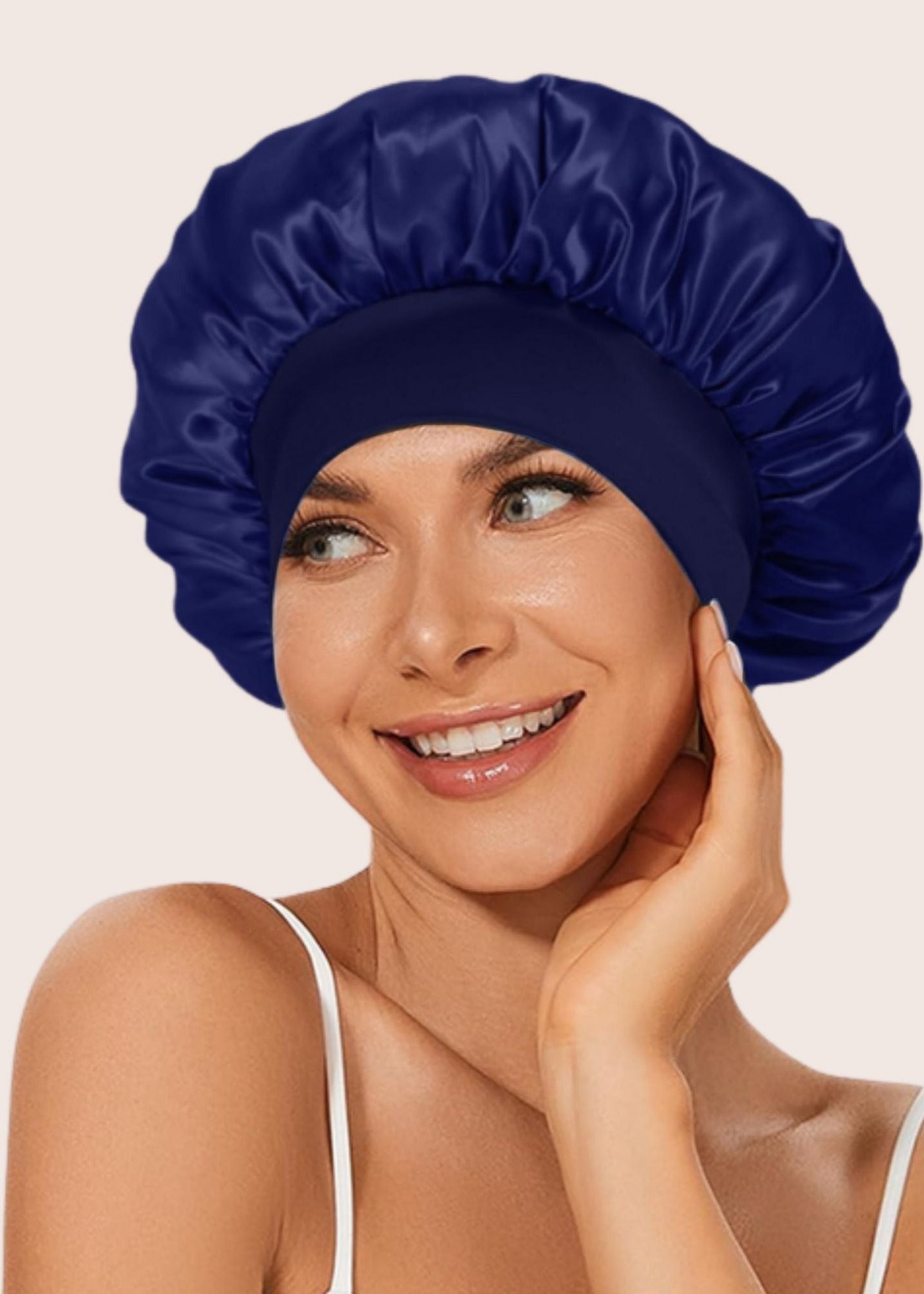 Blaue Satin Bonnet-Haube für haarschonenden Schlaf