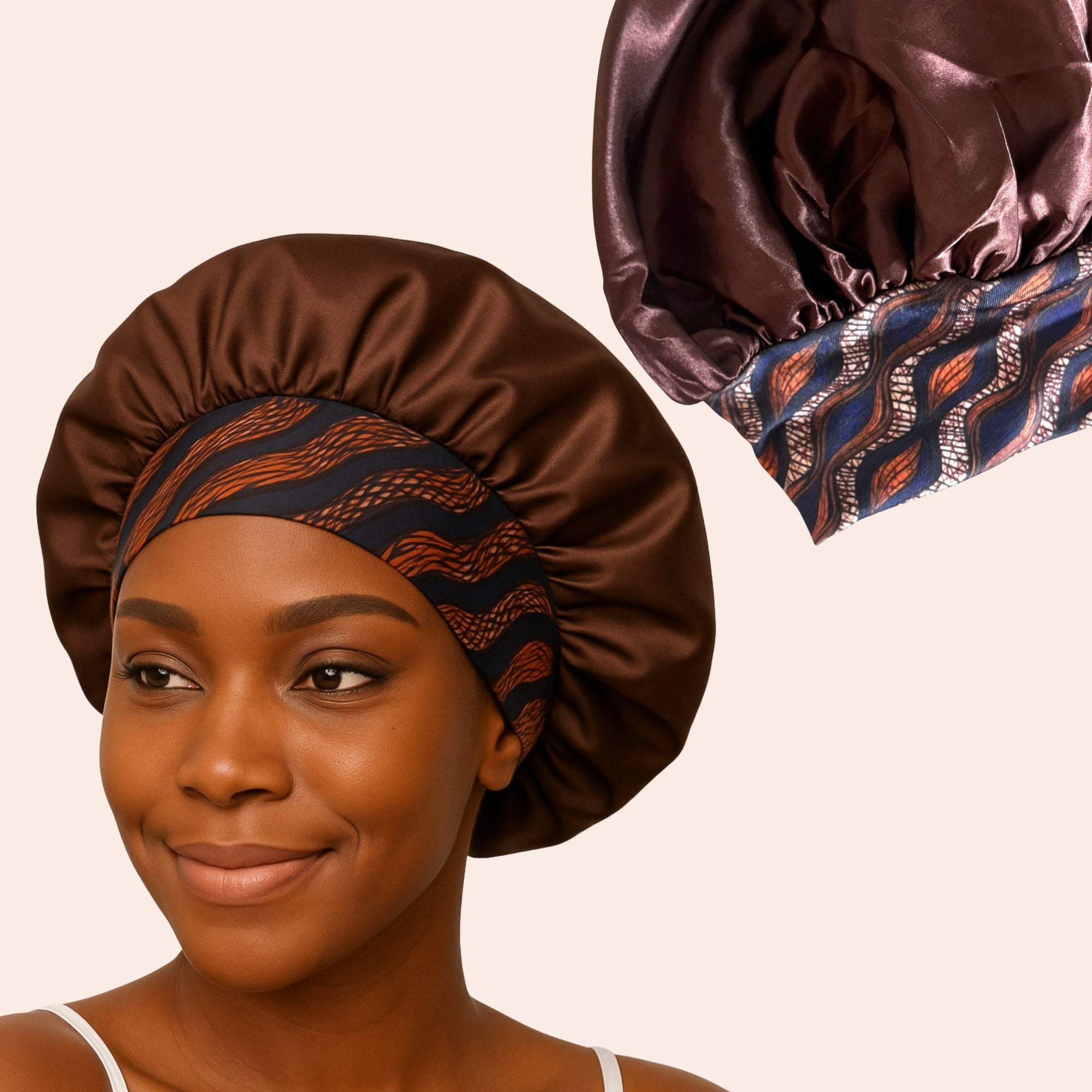 Satin braun African print, Kopfhaube