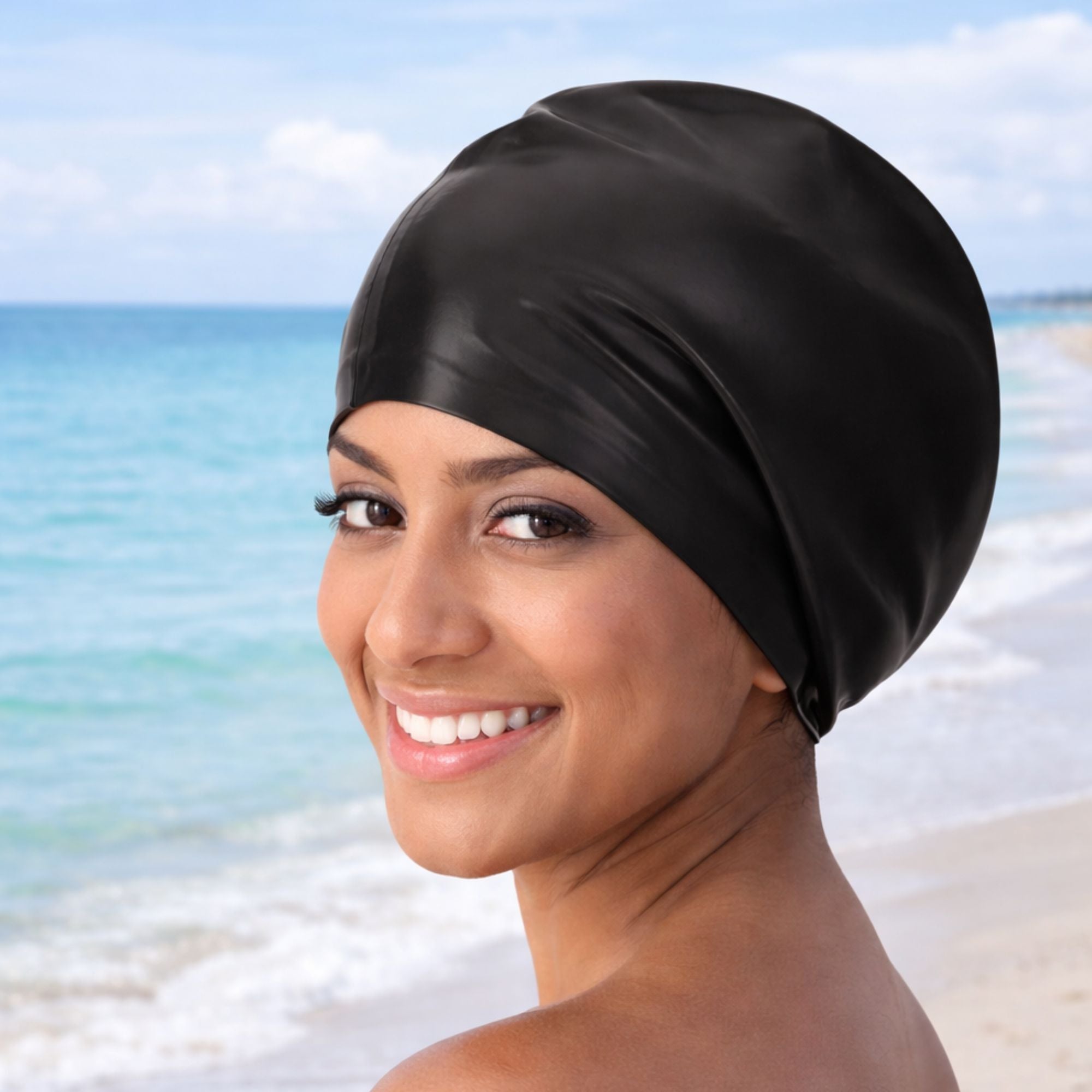 Siztaz. schwarze Silikon Badehaube für lange, lockige und dicke Haare