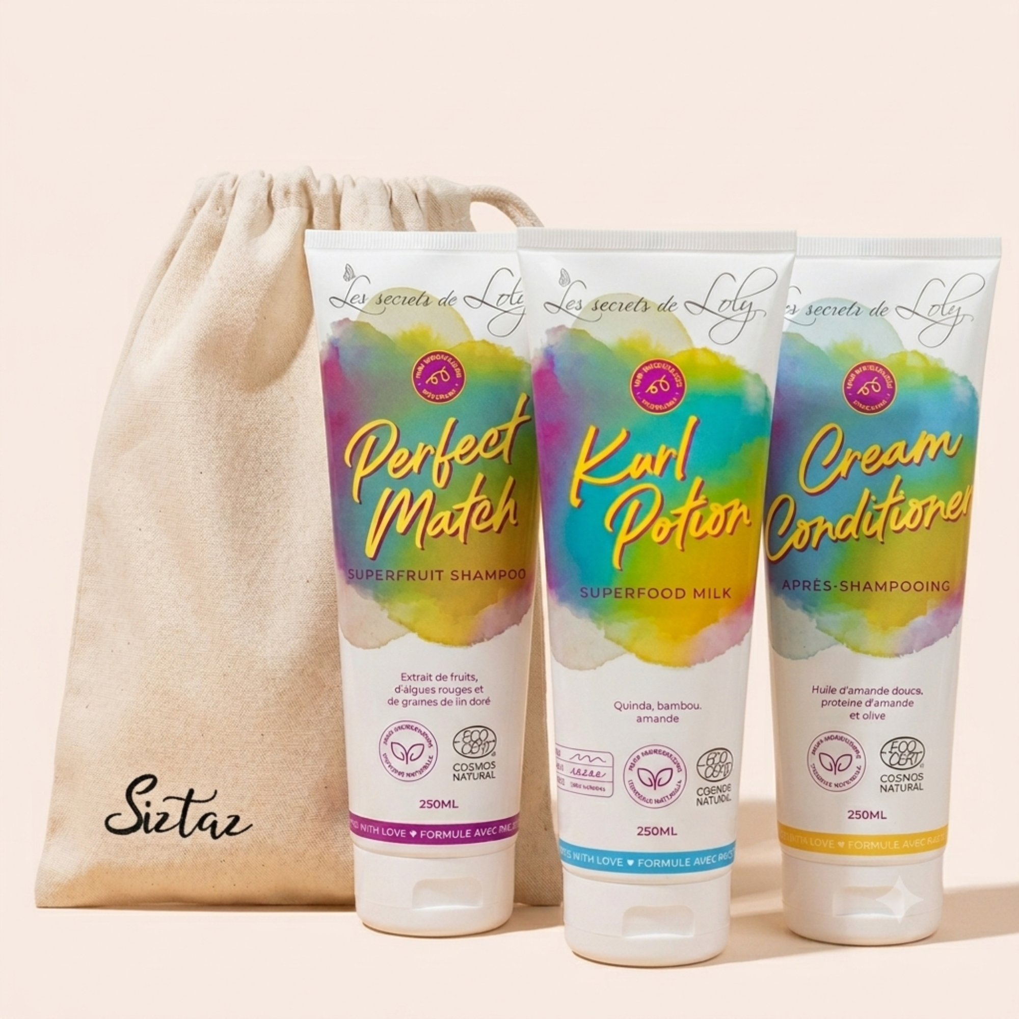 Siztaz_Feines, Wellen & Locken Set- Shampoo, conditioner and leave in. All packed in a pouch