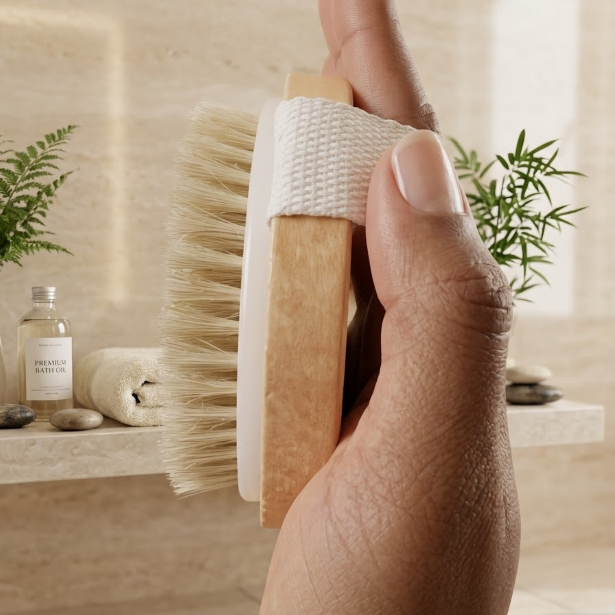 Siztaz Trockenbürste_rund_holz. Liegt gut in der Hand. Sanftes Peeling der Haut