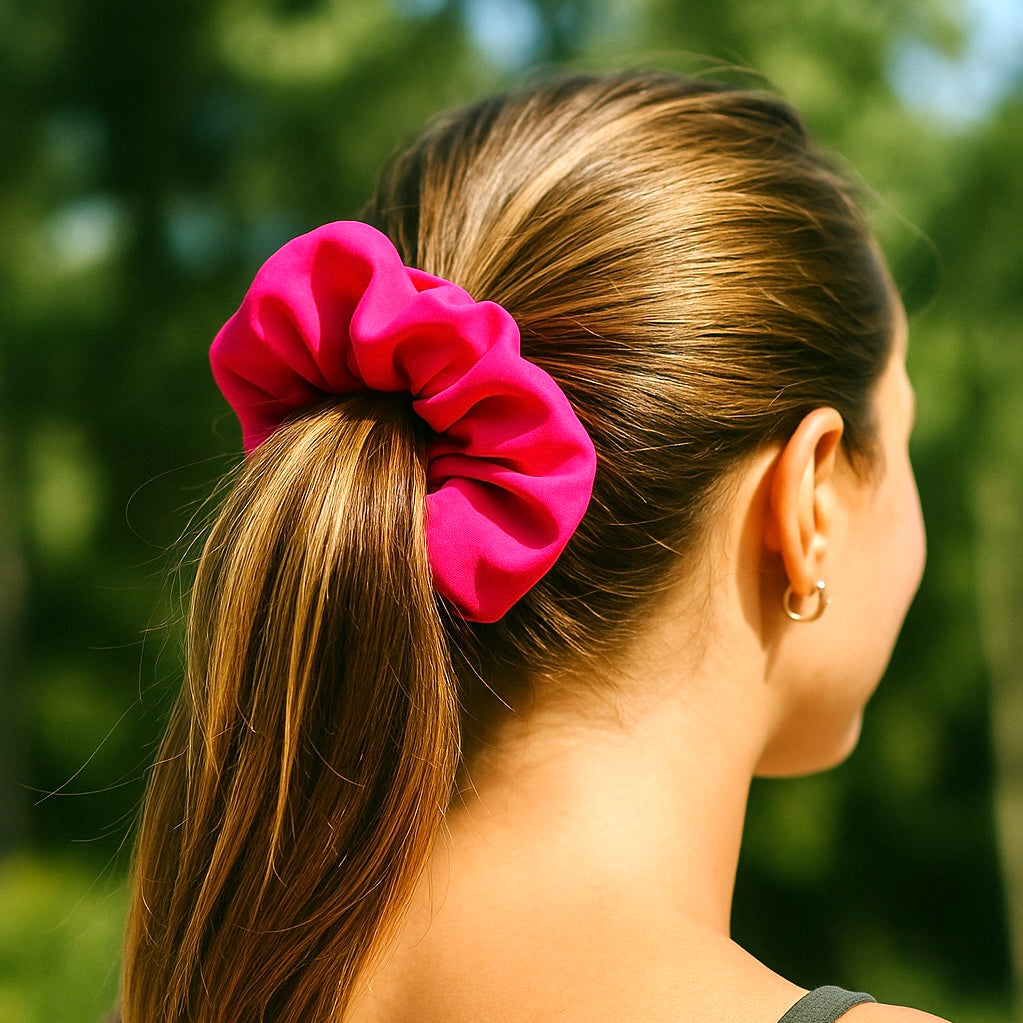 Hellrosa Sport-Scrunchie – stabiler Halt ohne Ziepen bei Sonne und Wasser