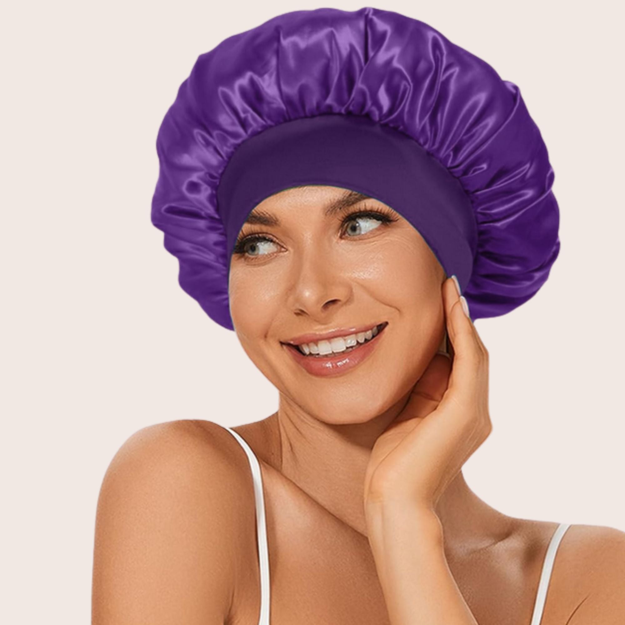 Violette Bonnet-Schlafhaube aus Satin – für Locken, Wellen & Zöpfe