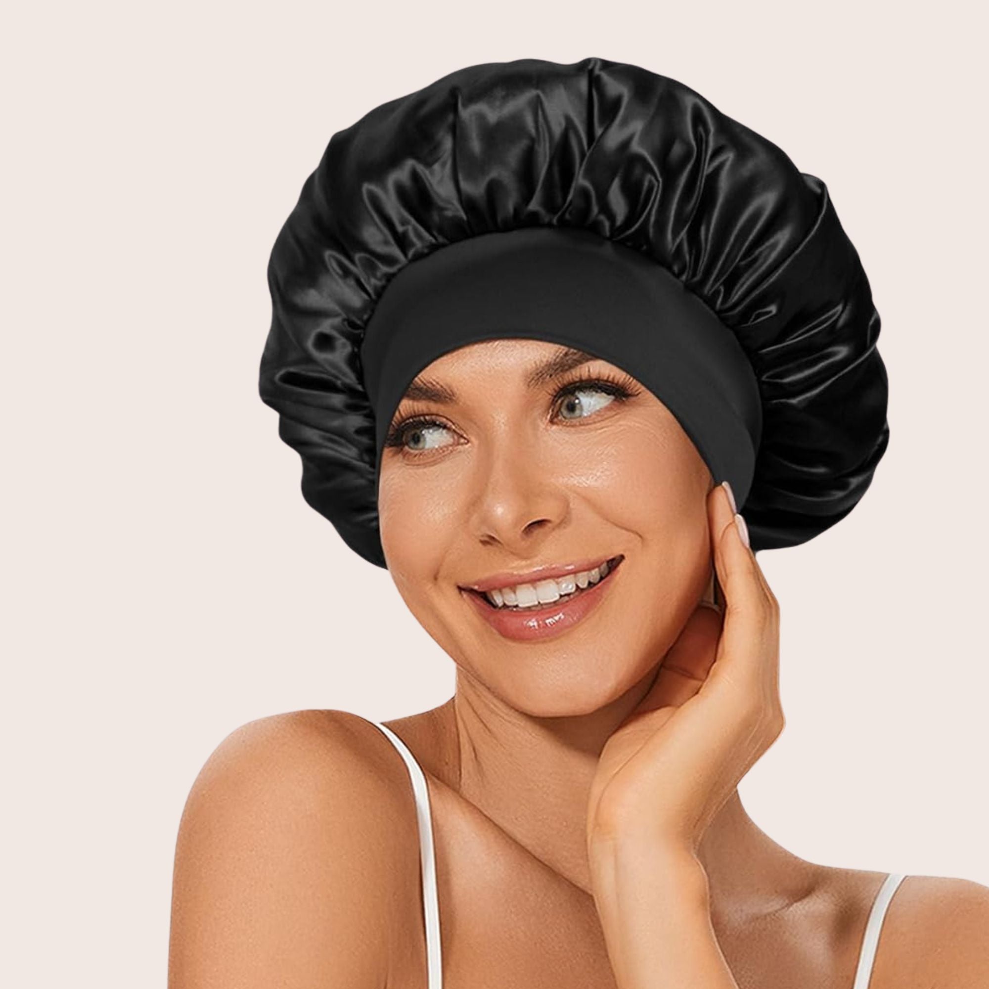 Einlagige schwarze Bonnet-Haube aus Satin für gepflegtes Haar am Morgen