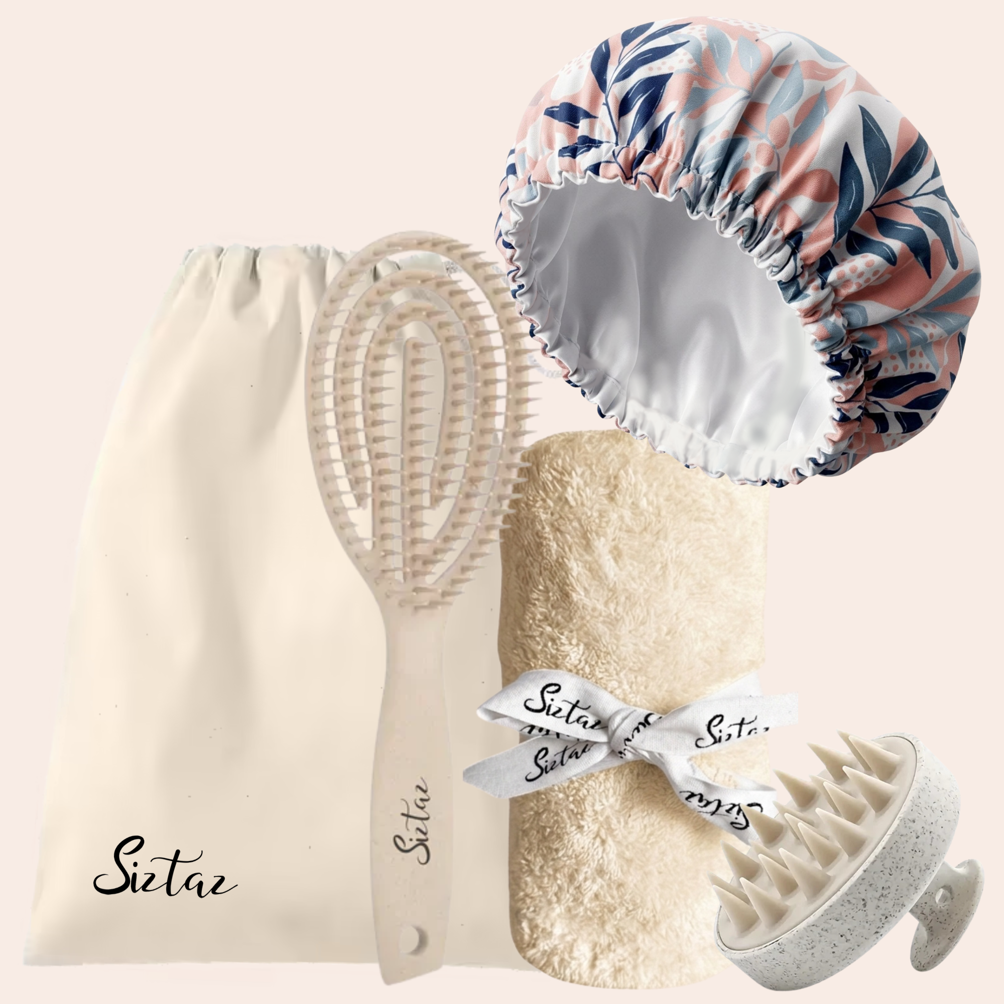 Siztaz Washday set, mikrofaser haartuch, entwirrungsbürste, Conditioning cap, Kopfmassage bürste _white