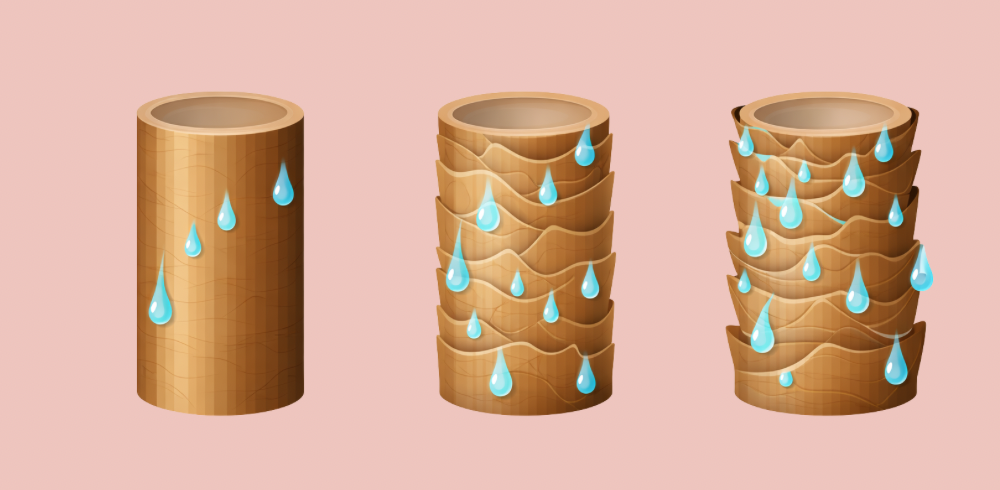 Siztaz | Darstellung der Haarporosität mit drei Haarquerschnitten: niedrige, mittlere und hohe Porosität mit unterschiedlich geöffneter Schuppenschicht und Wasseraufnahme.