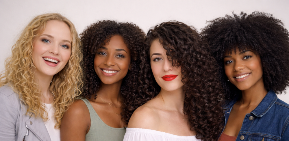 Siztaz | Vier Frauen mit unterschiedlichen Haarstrukturen: welliges, lockiges, coily und Afro-Haar