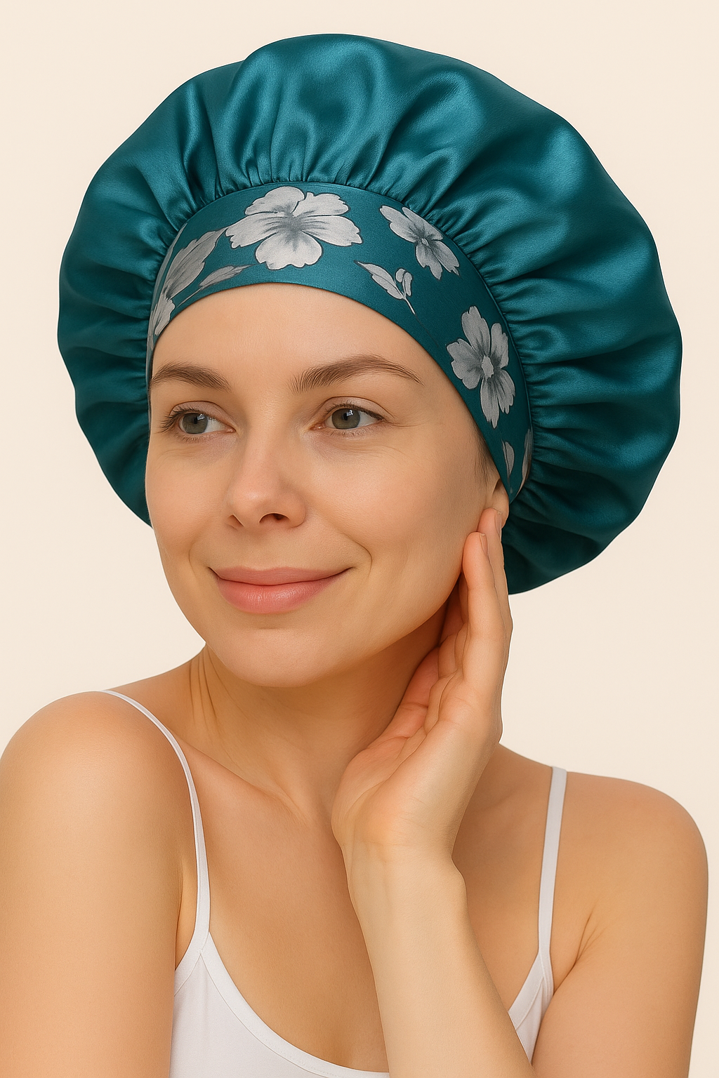 Satin Bonnet, Haube – Grün bedruckt, haarschonend & atmungsaktiv