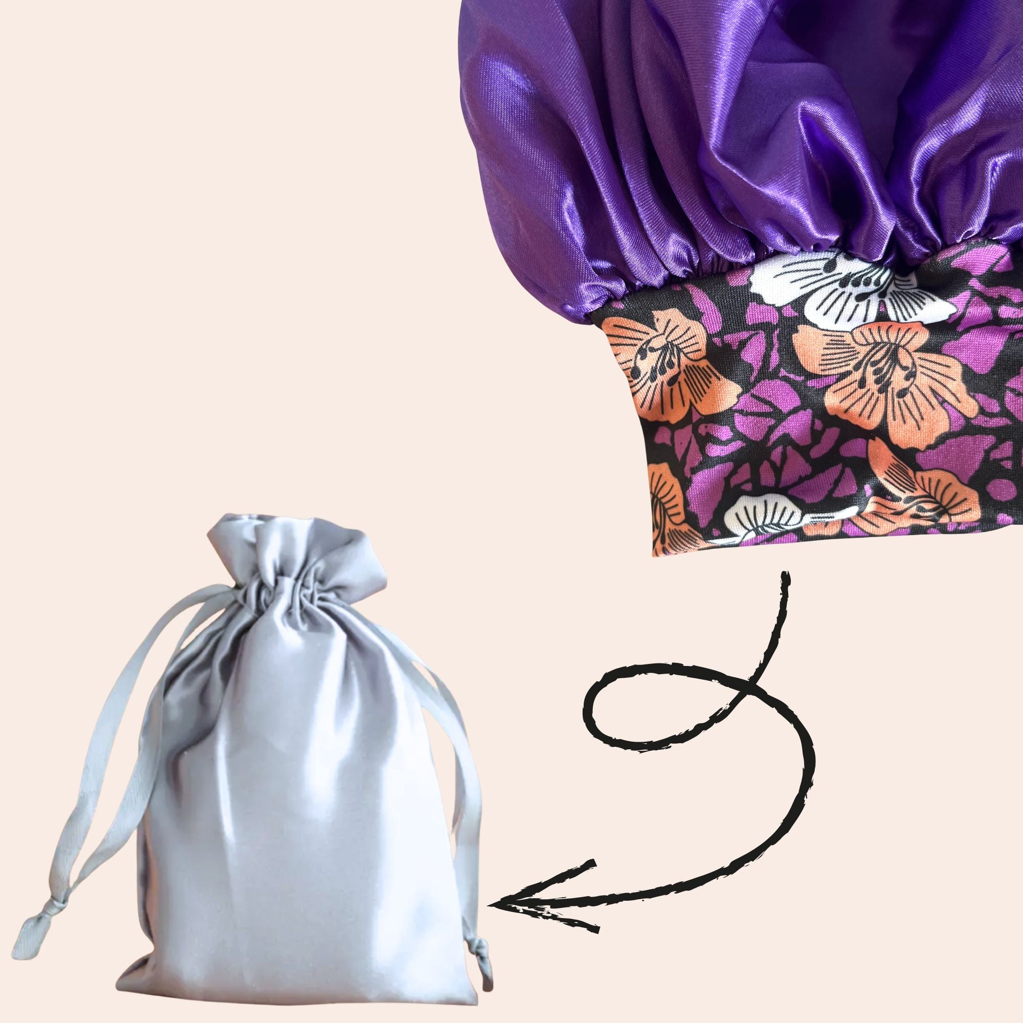 Bonnet with flower print. packed in satin pouch