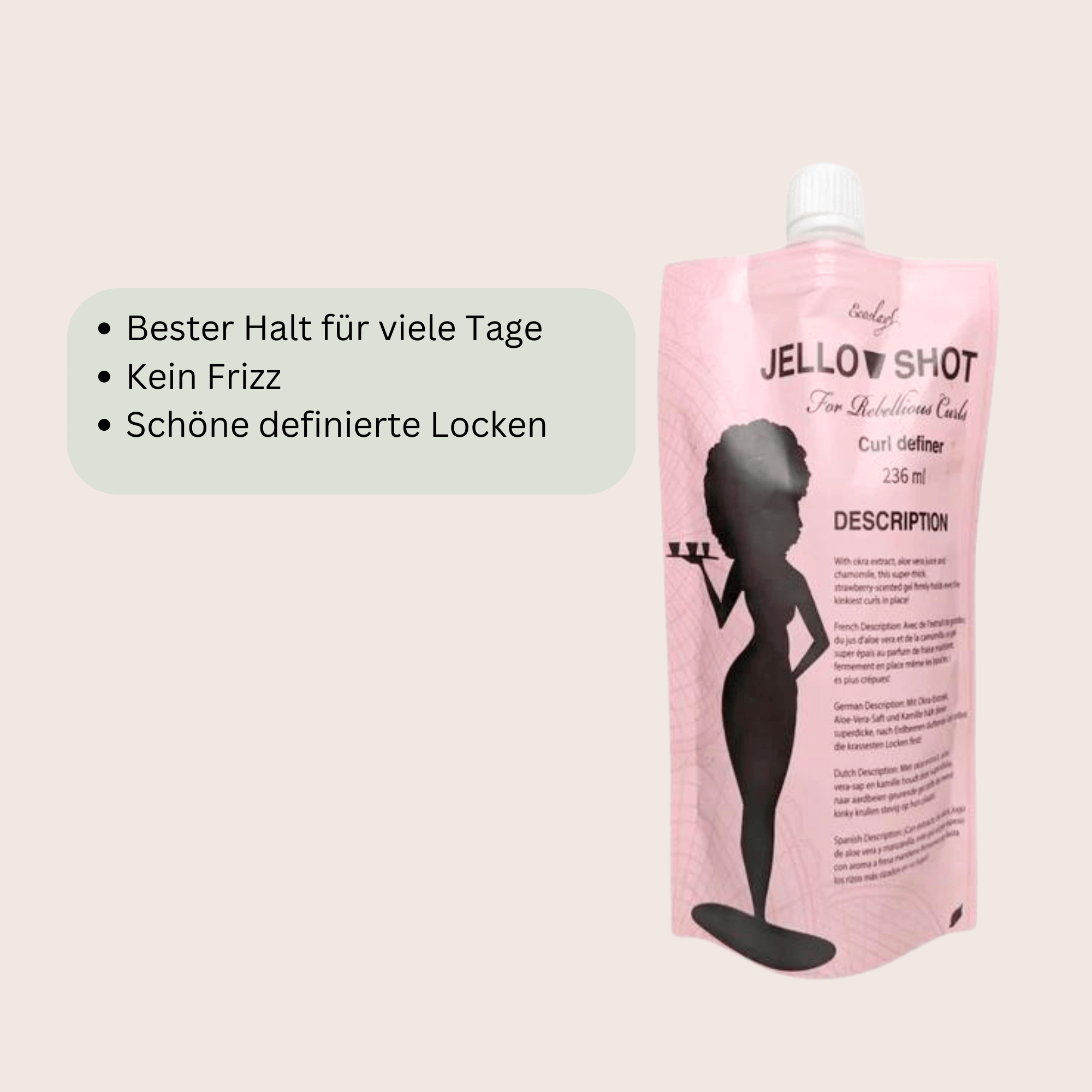 Ecoslay Jello Shot Gel ist ein stark haltendes Styling-Gel, das speziell für dickes, lockiges und krauses Haar entwickelt wurde. Es bietet extremen Halt und hilft, Locken zu definieren, Frizz zu kontrollieren und die Frisur den ganzen Tag lang in Form zu halten. Mit natürlichen Inhaltsstoffen wie Leinsamengel und Aloe Vera pflegt es das Haar, ohne es zu beschweren oder auszutrocknen. Ideal für Locken, die maximale Definition und Halt benötigen.