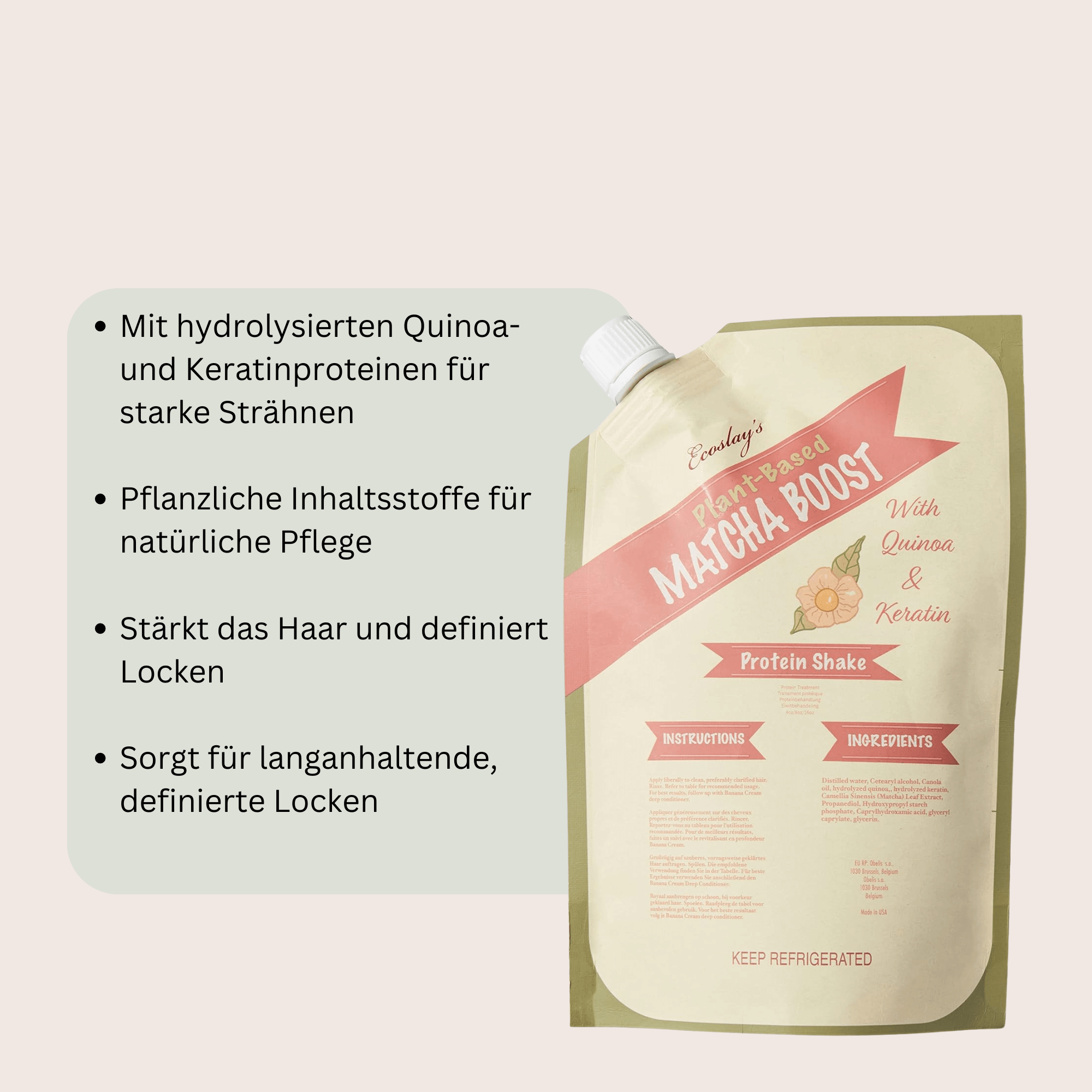 Ecoslay Matcha Boost ist ein proteinreiches Haarpflegeprodukt, das speziell entwickelt wurde, um geschädigtes Haar zu stärken und die Haarstruktur zu verbessern. Mit Inhaltsstoffen wie hydrolysiertem Quinoa und Matcha-Grüntee-Extrakt hilft es, das Haar tiefenwirksam zu reparieren, Spliss vorzubeugen und die Elastizität der Locken zu fördern. Ideal für lockiges und strapaziertes Haar, das eine kräftigende Pflege benötigt, um gesund und glänzend zu bleiben.