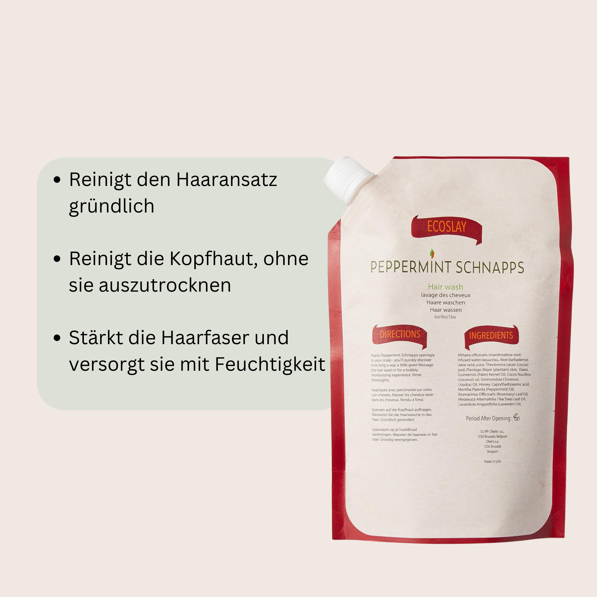 Ecoslay Peppermint Schnapps Shampoo ist ein belebendes, sulfatfreies Shampoo, das das Haar und die Kopfhaut gründlich reinigt, ohne es auszutrocknen. Mit erfrischendem Pfefferminzöl sorgt es für eine kühlende und revitalisierende Wirkung, während Teebaum- und Kamillenextrakte die Kopfhaut beruhigen und das Haar pflegen. Ideal für alle Haartypen, besonders für Locken, die eine sanfte, aber effektive Reinigung und Frische benötigen.