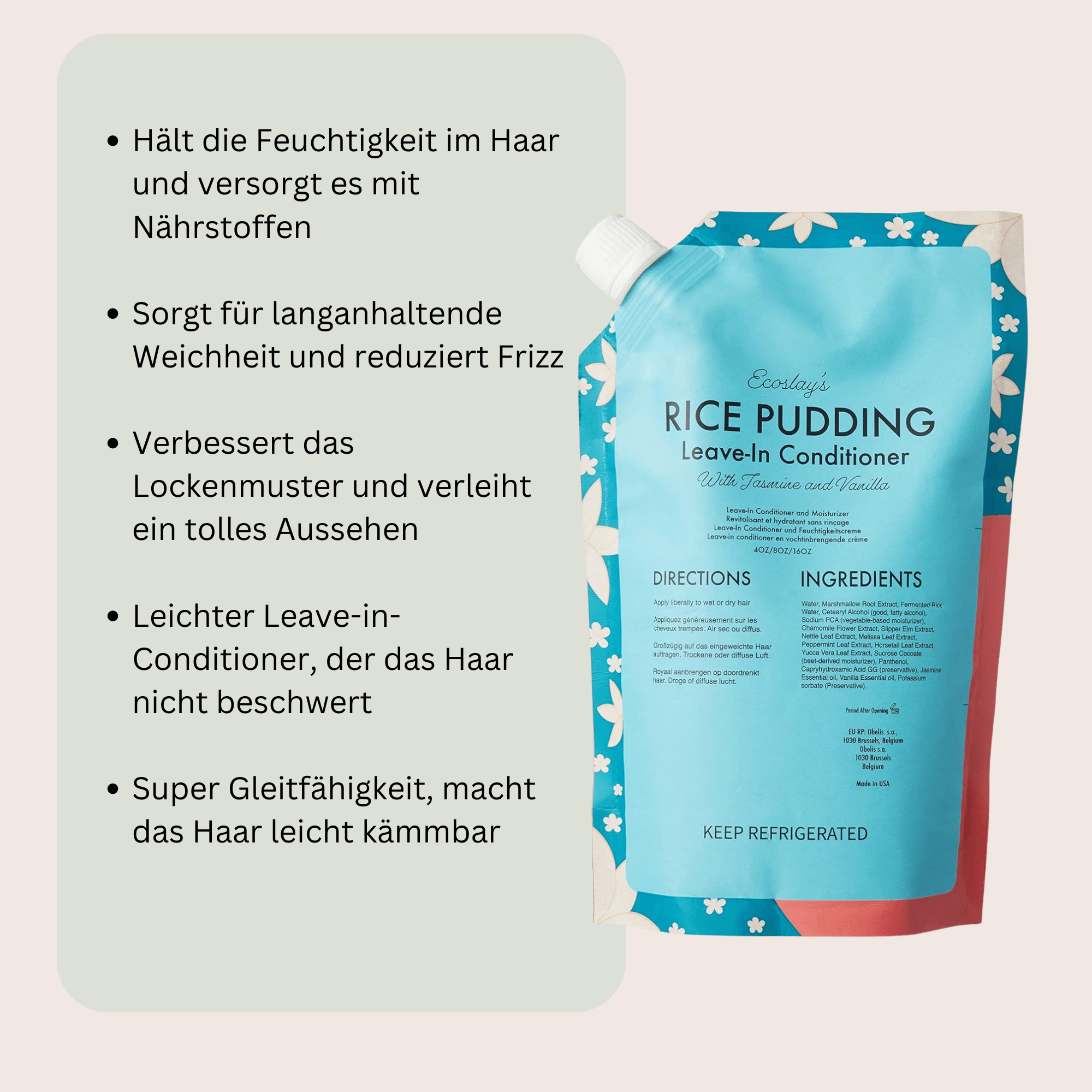 Ecoslay Rice Pudding Leave-In Conditioner ist ein feuchtigkeitsspendender Leave-in-Conditioner, der das Haar pflegt, entwirrt und Frizz reduziert. Mit natürlichen Inhaltsstoffen wie Reiswasser, Aloe Vera und Jojobaöl hilft er, das Haar zu stärken, weich zu machen und die Locken zu definieren. Die leichte Formel eignet sich für alle Haartypen, besonders für lockiges Haar, und sorgt für langanhaltende Feuchtigkeit und Geschmeidigkeit, ohne das Haar zu beschweren. Ideal für die tägliche Pflege und das Styling.