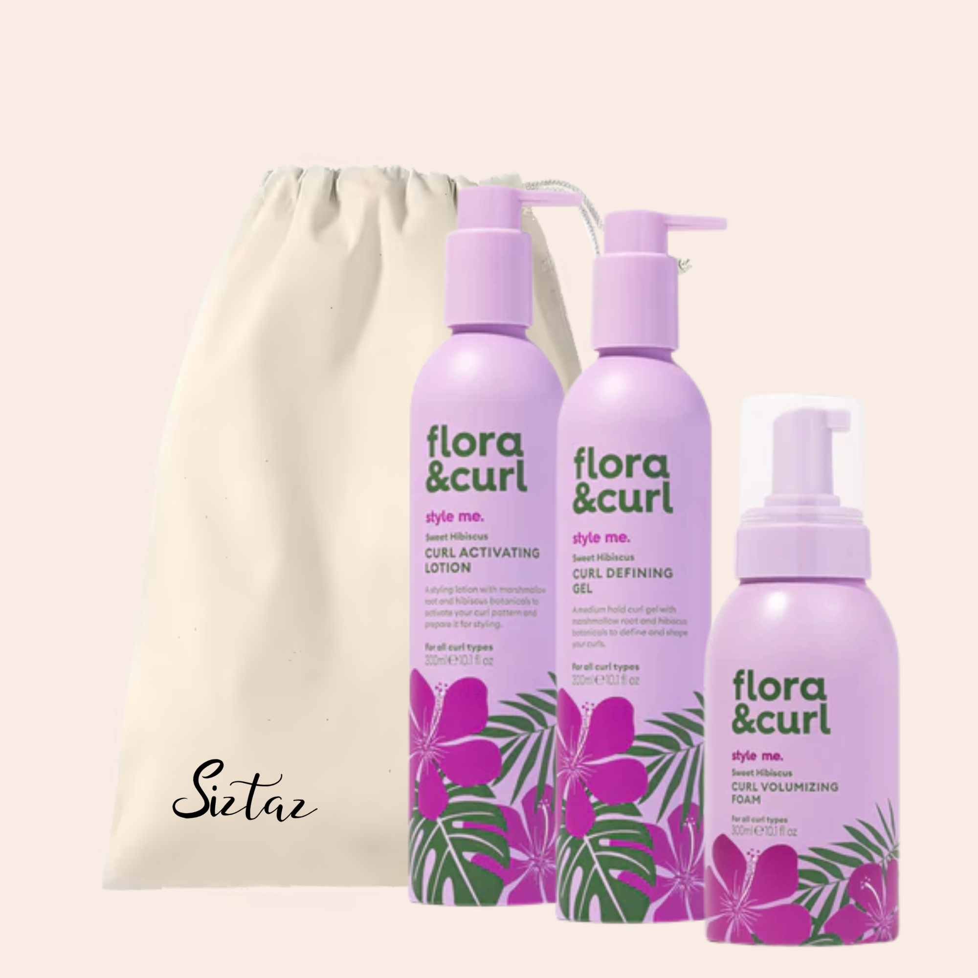 Flora and curl styling set. Styling cream, styling gel and styling foam for curly hair_Siztaz