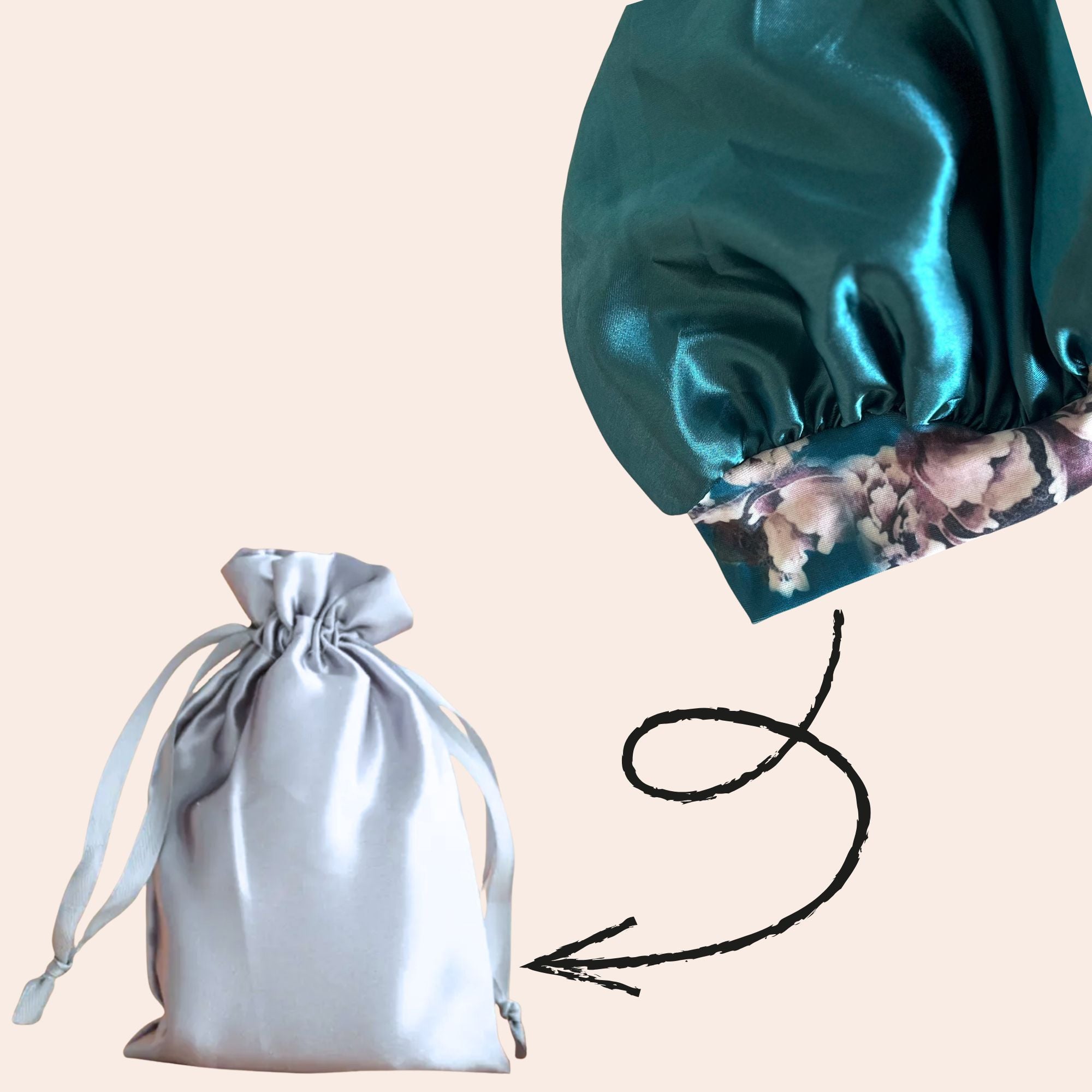 Green bonnet with flower print. packed in satin pouch