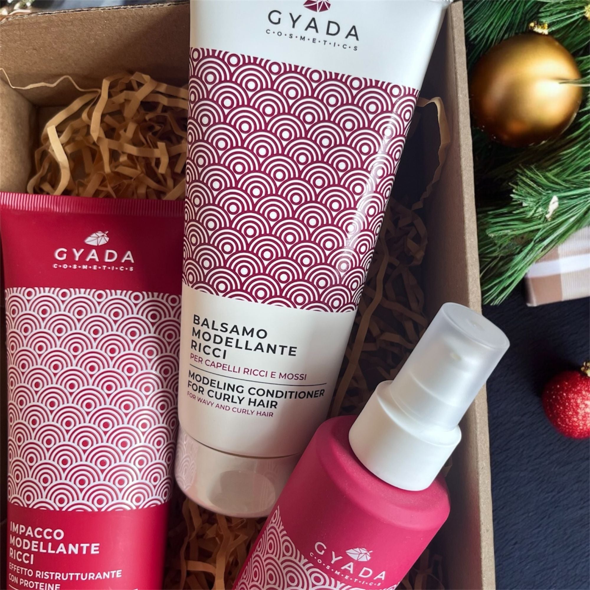 Gyada Cosmetics Lockenpflege-Set – Balsamo, Maske und Spray für welliges und lockiges Haar, ideales Weihnachtsgeschenk.