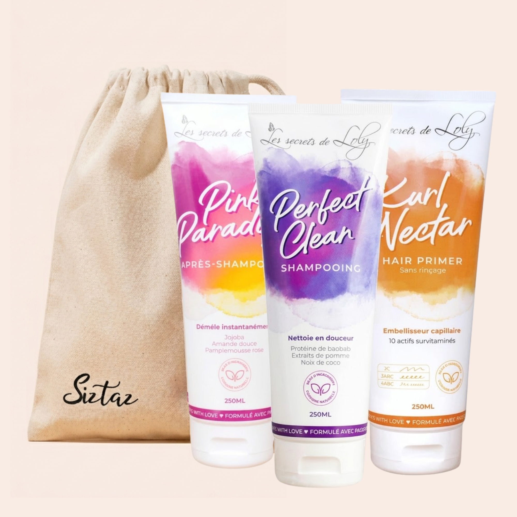 Siztaz | Les secrets de Loly, Definitions Haarpflege Set mit Shampoo, Conditioner und Leave in für feines, welliges und lockiges Haar 