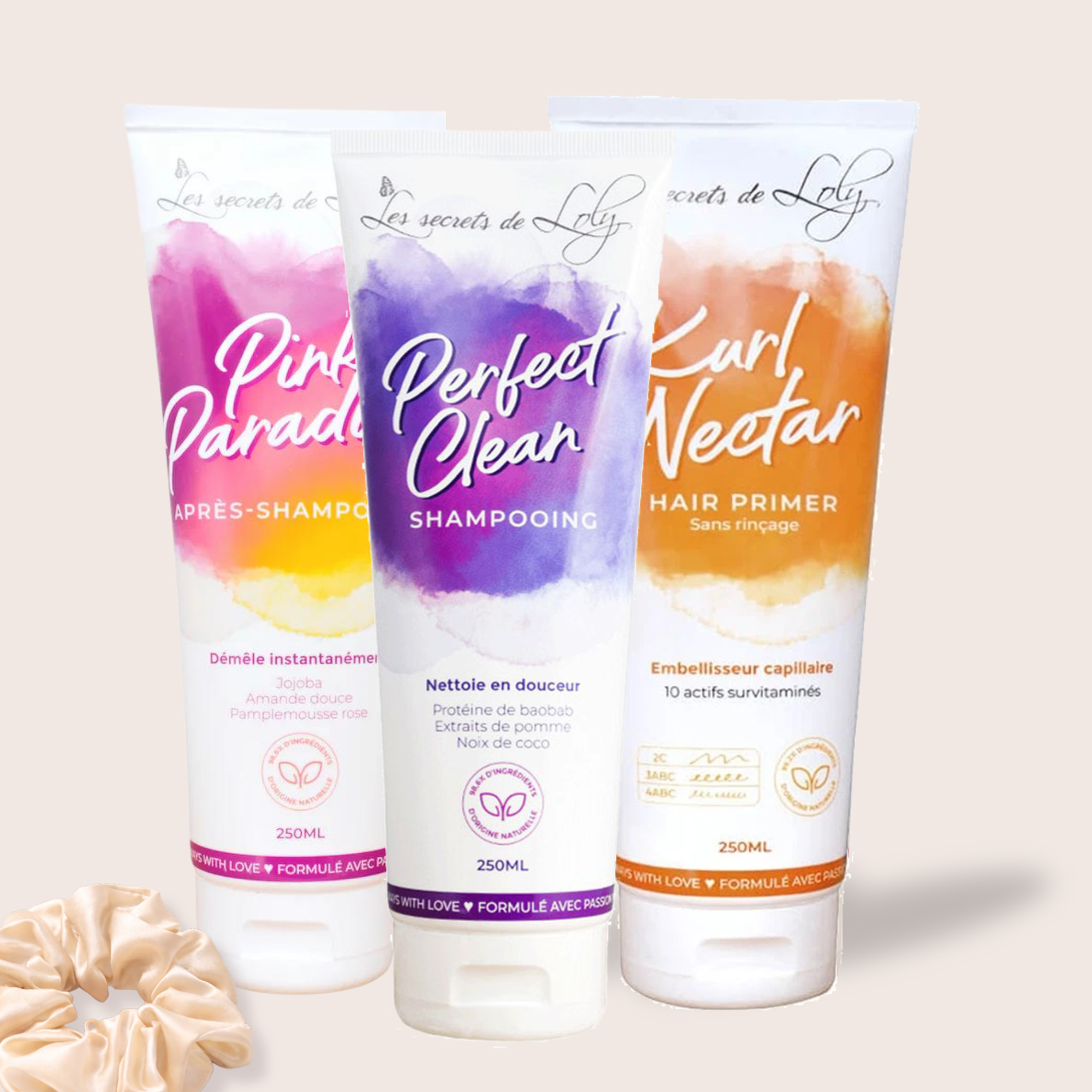 Siztaz | Les secrets de Loly, Definitions Haarpflege Set mit Shampoo, Conditioner und Curl Primer für feines, welliges und lockiges Haar inklusive Scrunchie