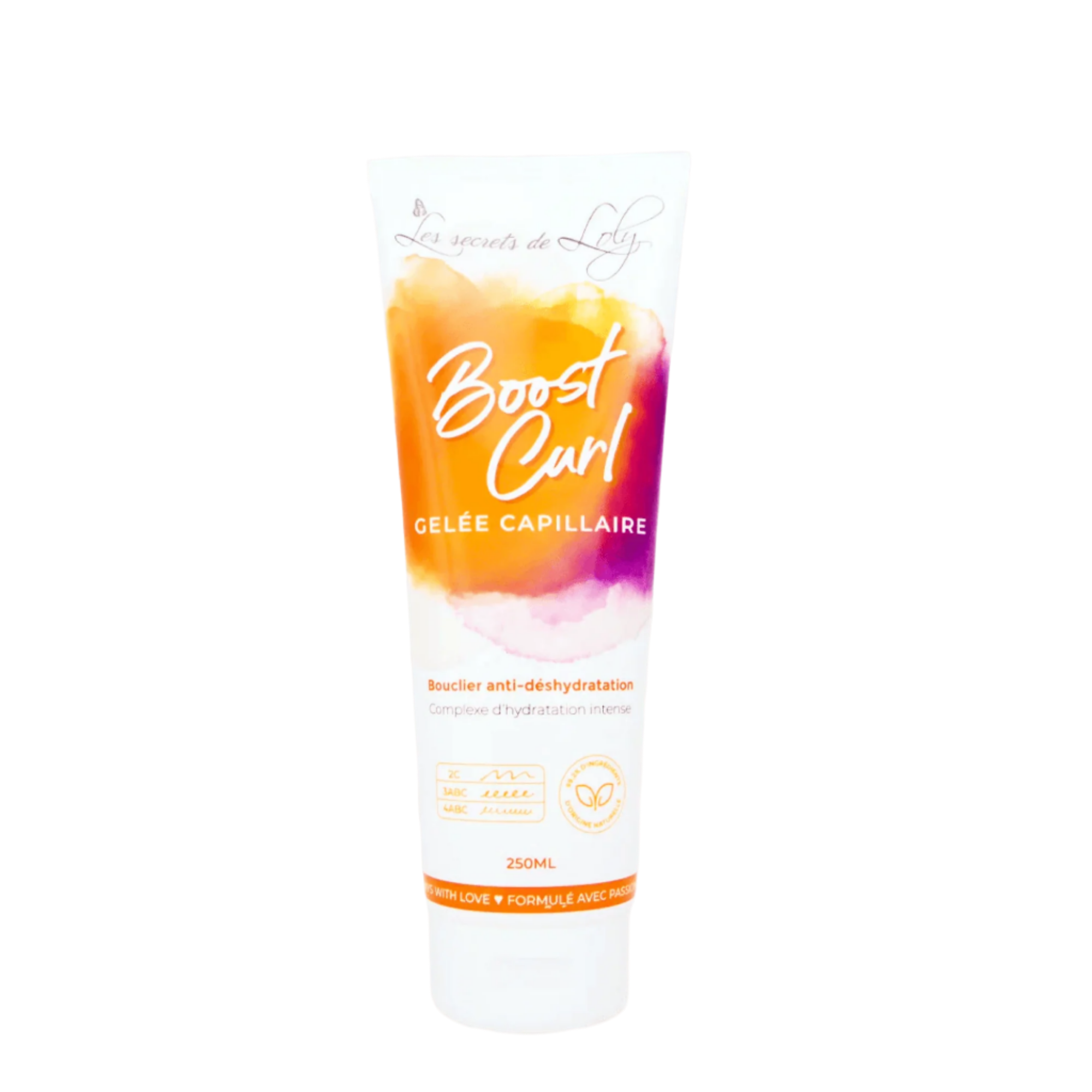 Les Secrets de Loly Boost Styling Gel, ein Haarstyling-Gel, das starken Halt bietet, Frizz kontrolliert und Locken definiert, während es das Haar flexibel und natürlich aussehen lässt.