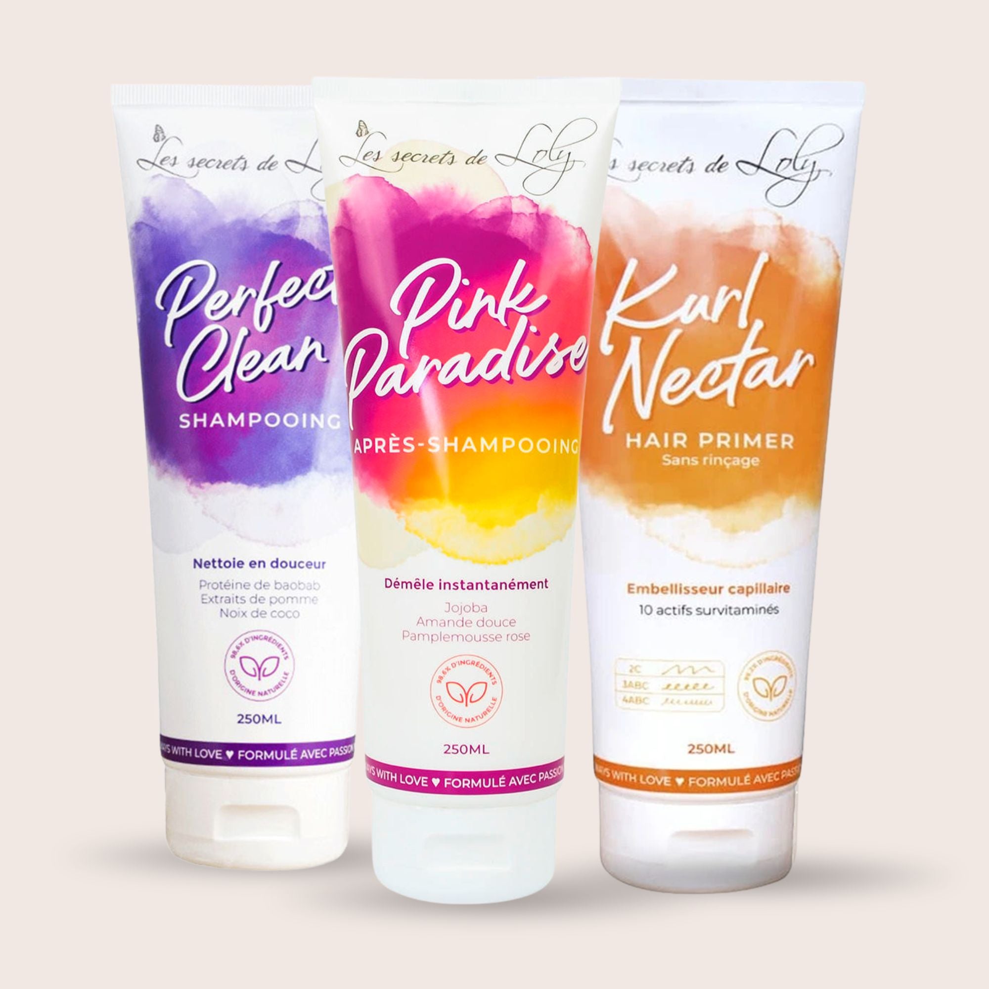 Pflege Set für dickes & lockiges Haar. Shampoo, conditioner und Leave-in. Les secrets de loly 