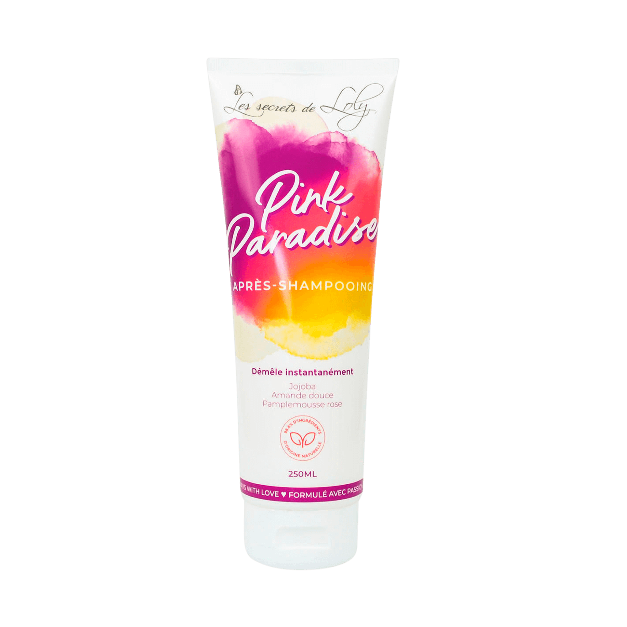 Les Secrets de Loly Pink Paradise Conditioner ist ein Haarspülung, die hilft, das Haar leichter zu kämmen und ihm Feuchtigkeit gibt. Mit Mandel- und Jojobaöl pflegt sie Locken, reduziert Frizz und macht das Haar weich und glänzend.