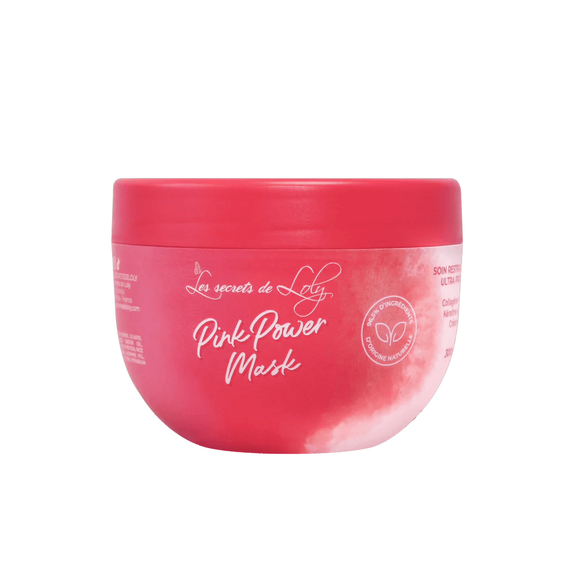 Les Secrets de Loly Pink Power Maske, eine intensiv pflegende Haarmaske mit Granatapfel- und Aloe-Vera-Extrakten, die das Haar stärkt, mit Feuchtigkeit versorgt und für weiche, definierte Locken sorgt.