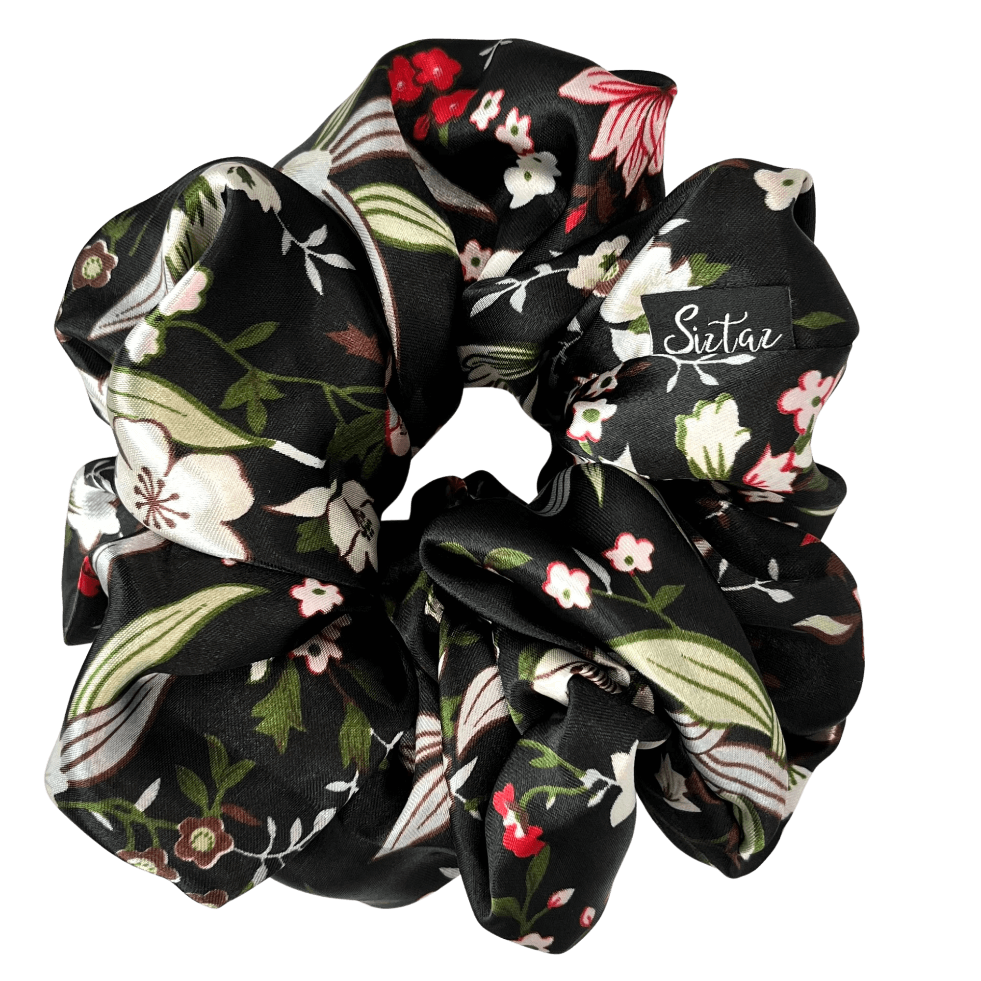 Schwarzer Satin Scrunchie mit Blumenmuster – Eleganter, haarschonender Haargummi, passend zu jedem Outfit und sanft zum Haar.