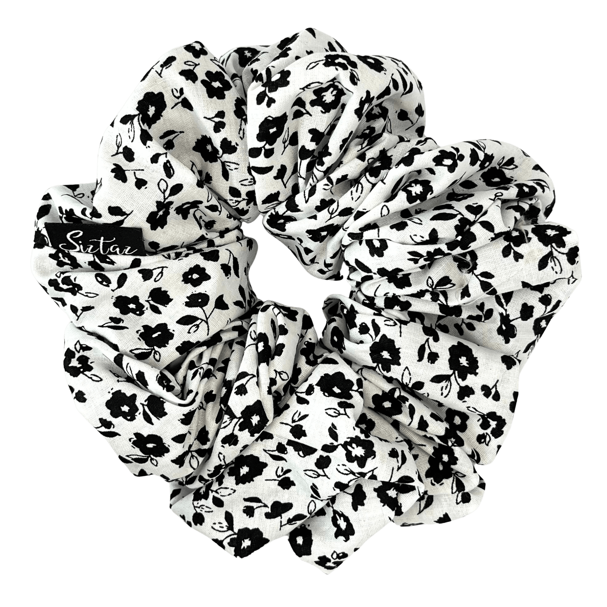 Scrunchie aus 100% leichter Baumwolle – Haarschonender Haargummi mit festem Halt, verhindert Ziepen und reduziert Haarbruch. Scrunchie, weiss mit schwarzen Blumen