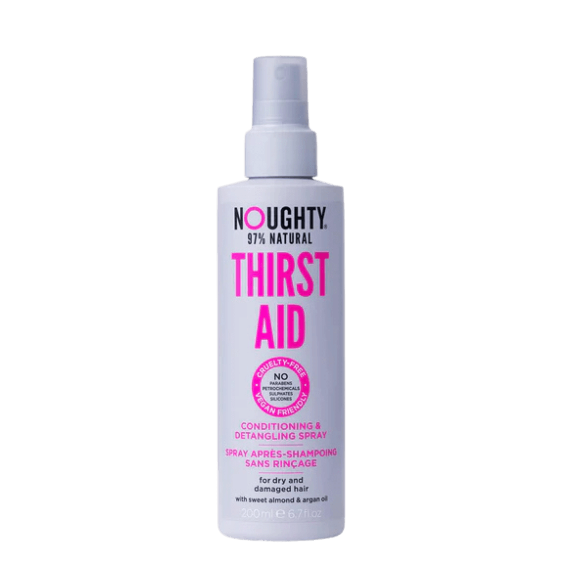 Noughty, Flasche des Thirst Aid Leave-In Conditioning Sprays vor neutralem Hintergrund, ideal zur Pflege von trockenem und strapaziertem Haar.