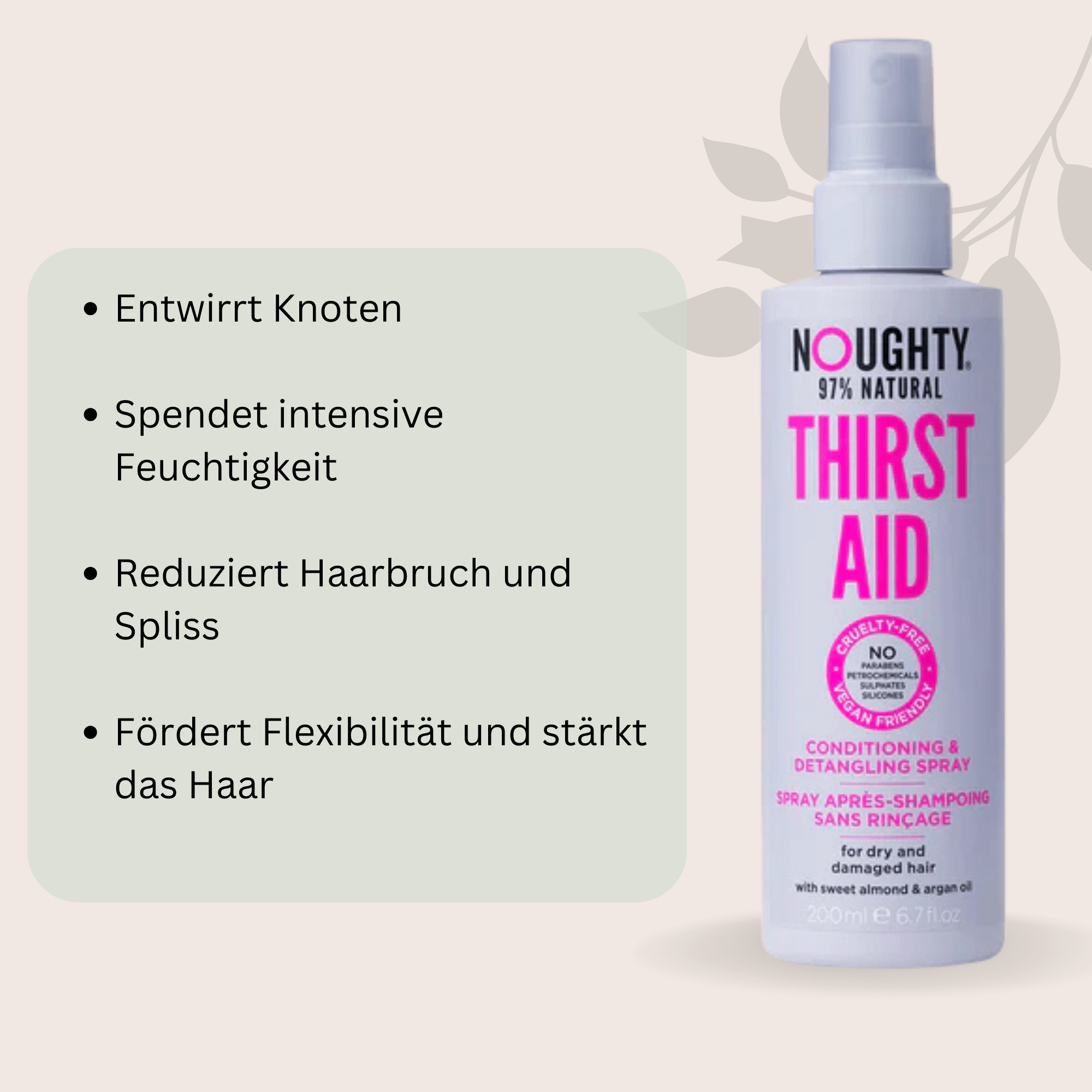 Noughty, Flasche des Thirst Aid Leave-In Conditioning Sprays vor neutralem Hintergrund, ideal zur Pflege von trockenem und strapaziertem Haar.