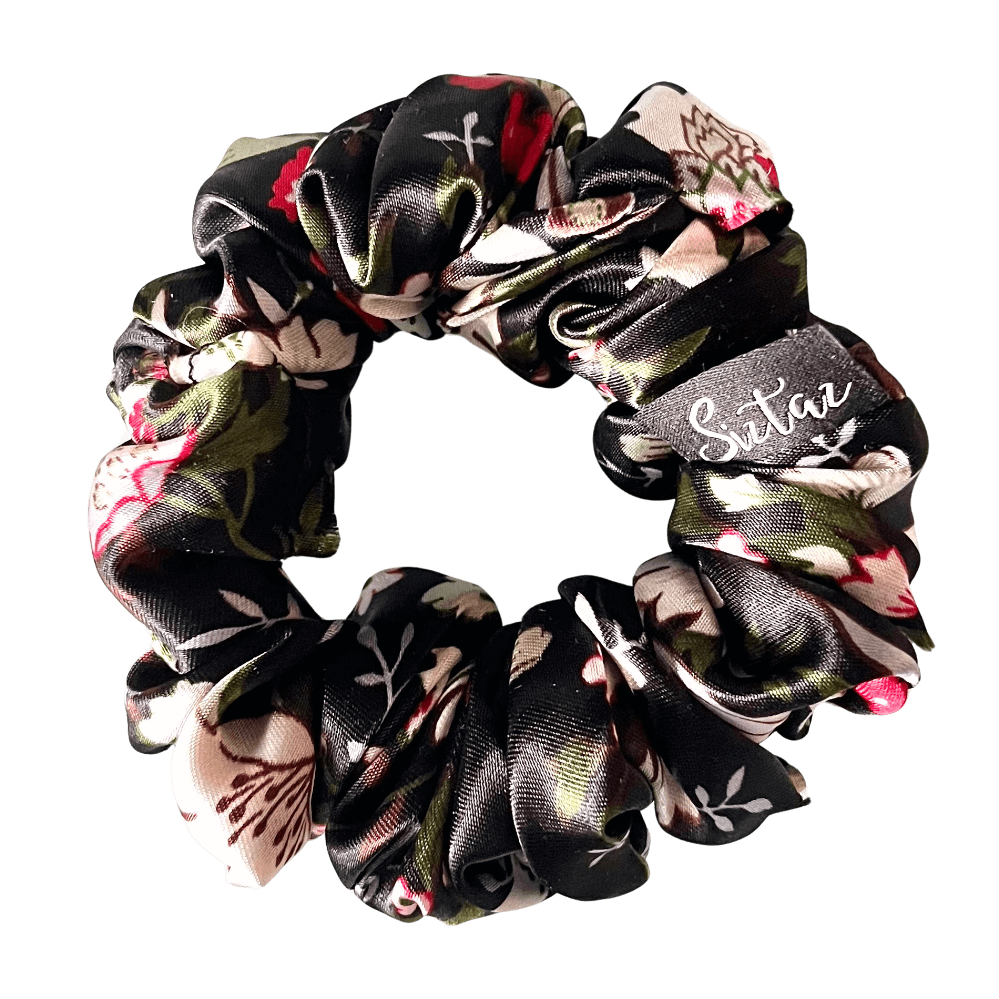 Schwarzer Satin Scrunchie mit Blumenmuster – Eleganter, haarschonender Haargummi, passend zu jedem Outfit und sanft zum Haar.