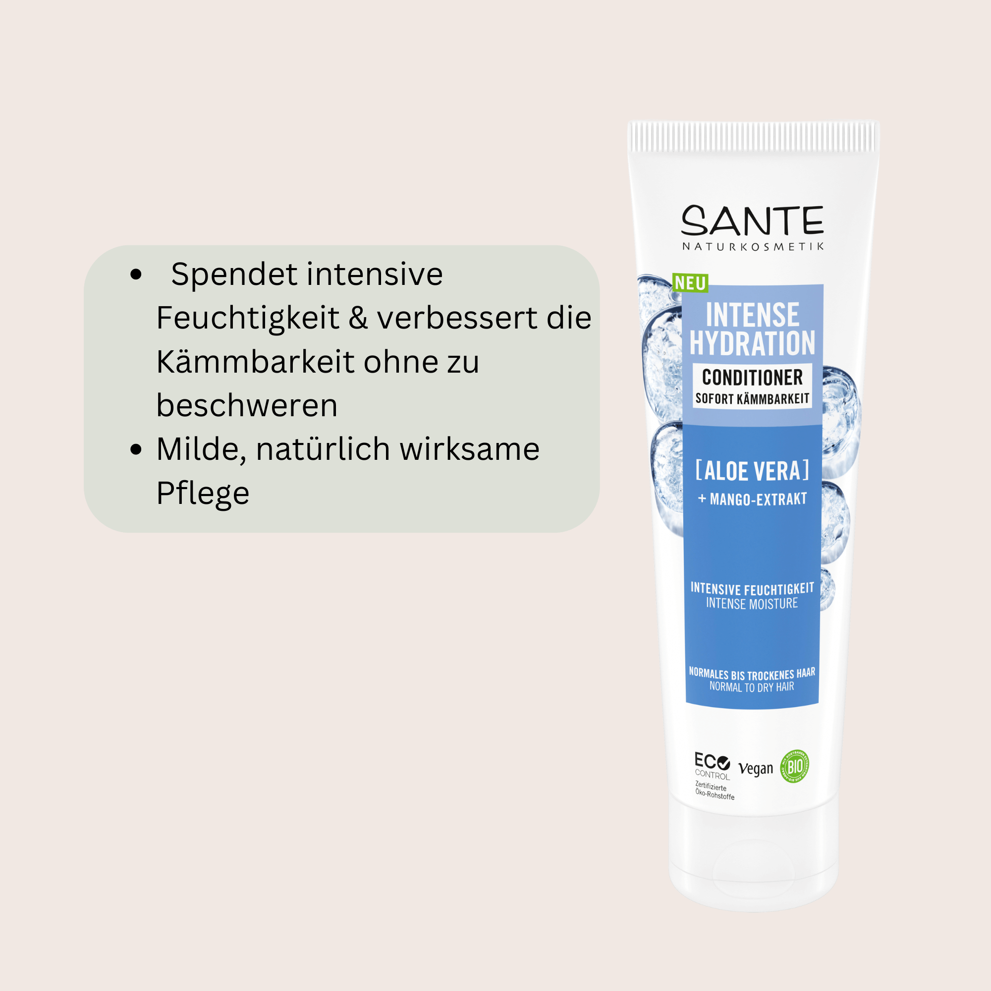 Sante Intense Hydration Conditioner, ein feuchtigkeitsspendender Conditioner mit natürlichen Inhaltsstoffen, der trockenes Haar intensiv pflegt, entwirrt und für Geschmeidigkeit und Glanz sorgt.