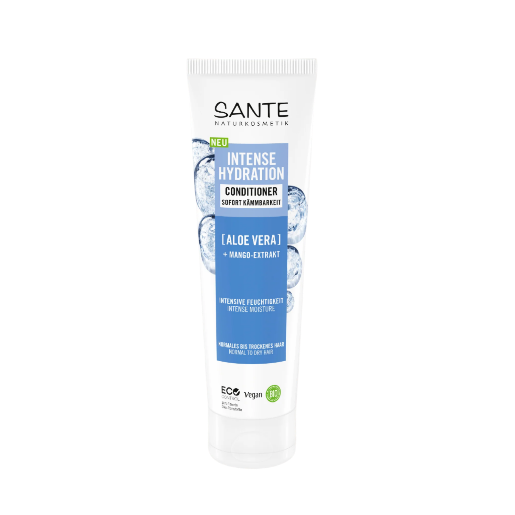 Sante Intense Hydration Conditioner, ein feuchtigkeitsspendender Conditioner mit natürlichen Inhaltsstoffen, der trockenes Haar intensiv pflegt, entwirrt und für Geschmeidigkeit und Glanz sorgt. Auch geeignet für welliges und lockiges Haar.