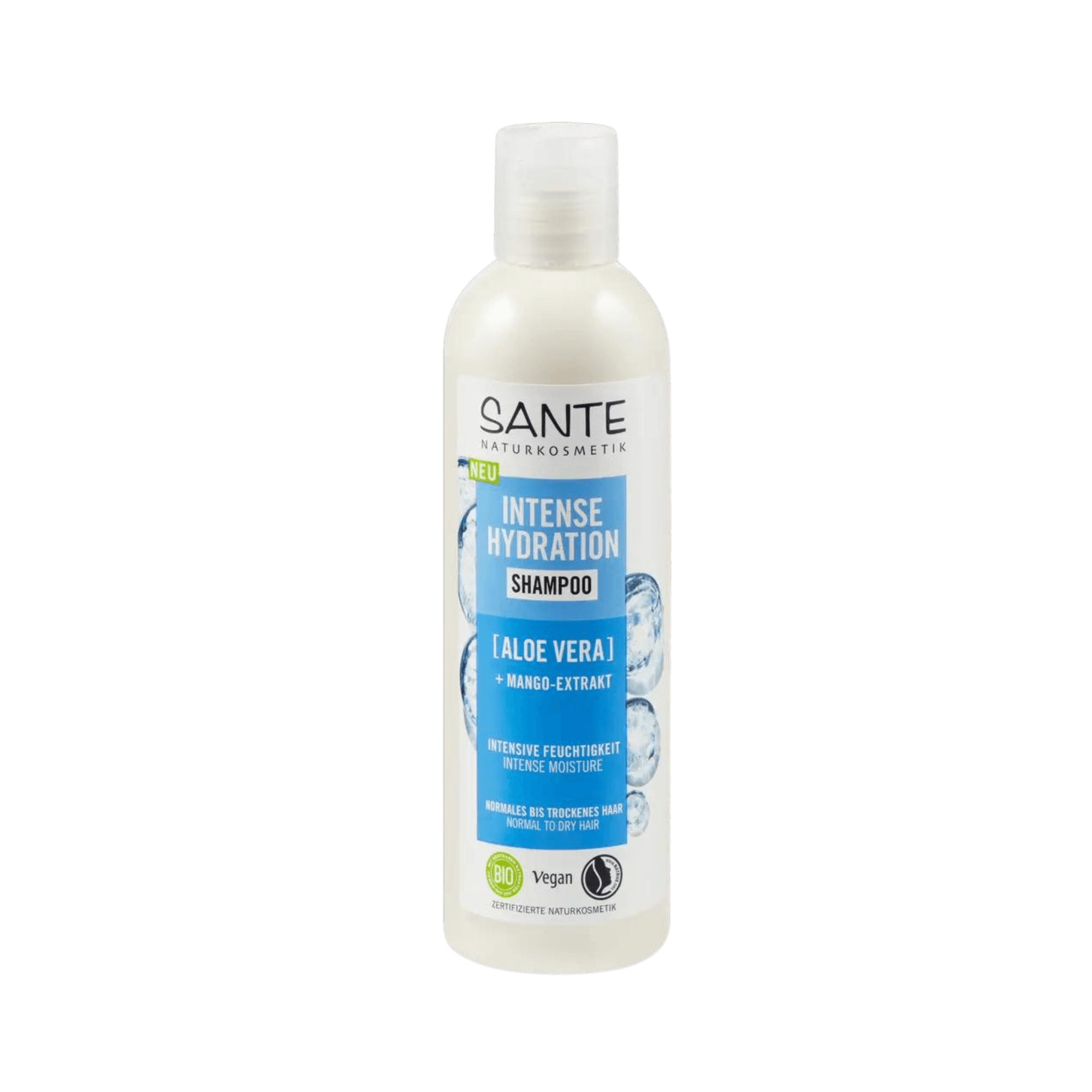 Sante Intense Hydration Shampoo, ein feuchtigkeitsspendendes Shampoo mit natürlichen Inhaltsstoffen, das trockenes Haar intensiv hydratisiert, sanft reinigt und für geschmeidiges, glänzendes Haar sorgt.