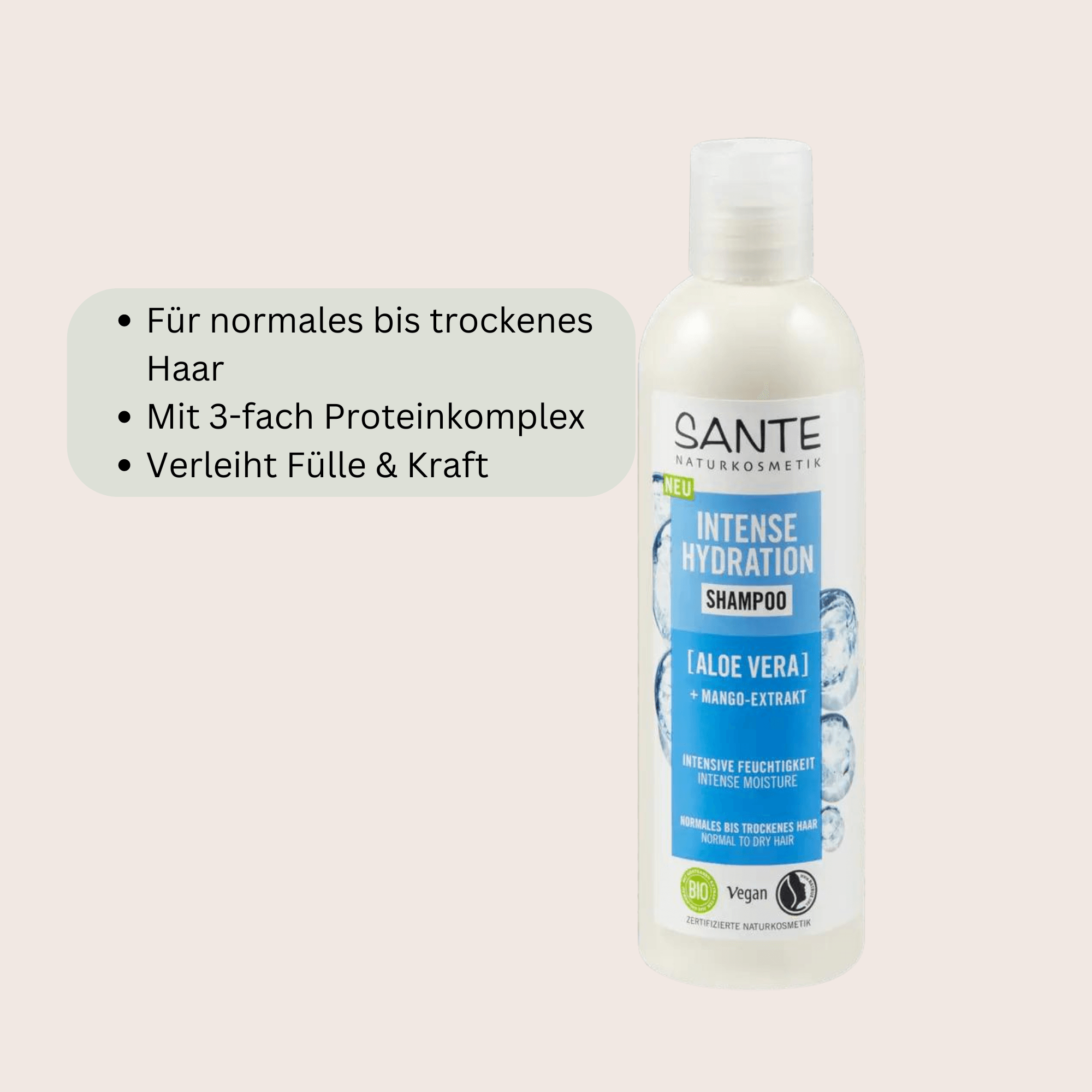 Sante Intense Hydration Shampoo, ein feuchtigkeitsspendendes Shampoo mit natürlichen Inhaltsstoffen, das trockenes Haar intensiv hydratisiert, sanft reinigt und für geschmeidiges, glänzendes Haar sorgt.