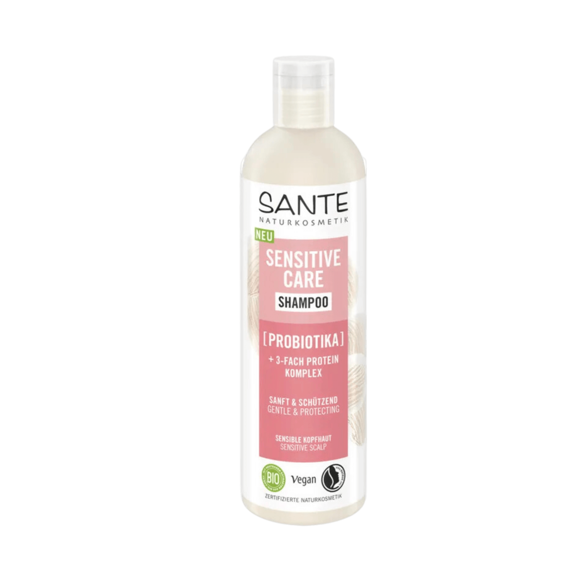 Sante Sensitive Care Shampoo, ein sanftes Shampoo mit natürlichen Inhaltsstoffen, speziell für empfindliche Kopfhaut entwickelt, das mild reinigt und beruhigt, ohne die Haut zu reizen.