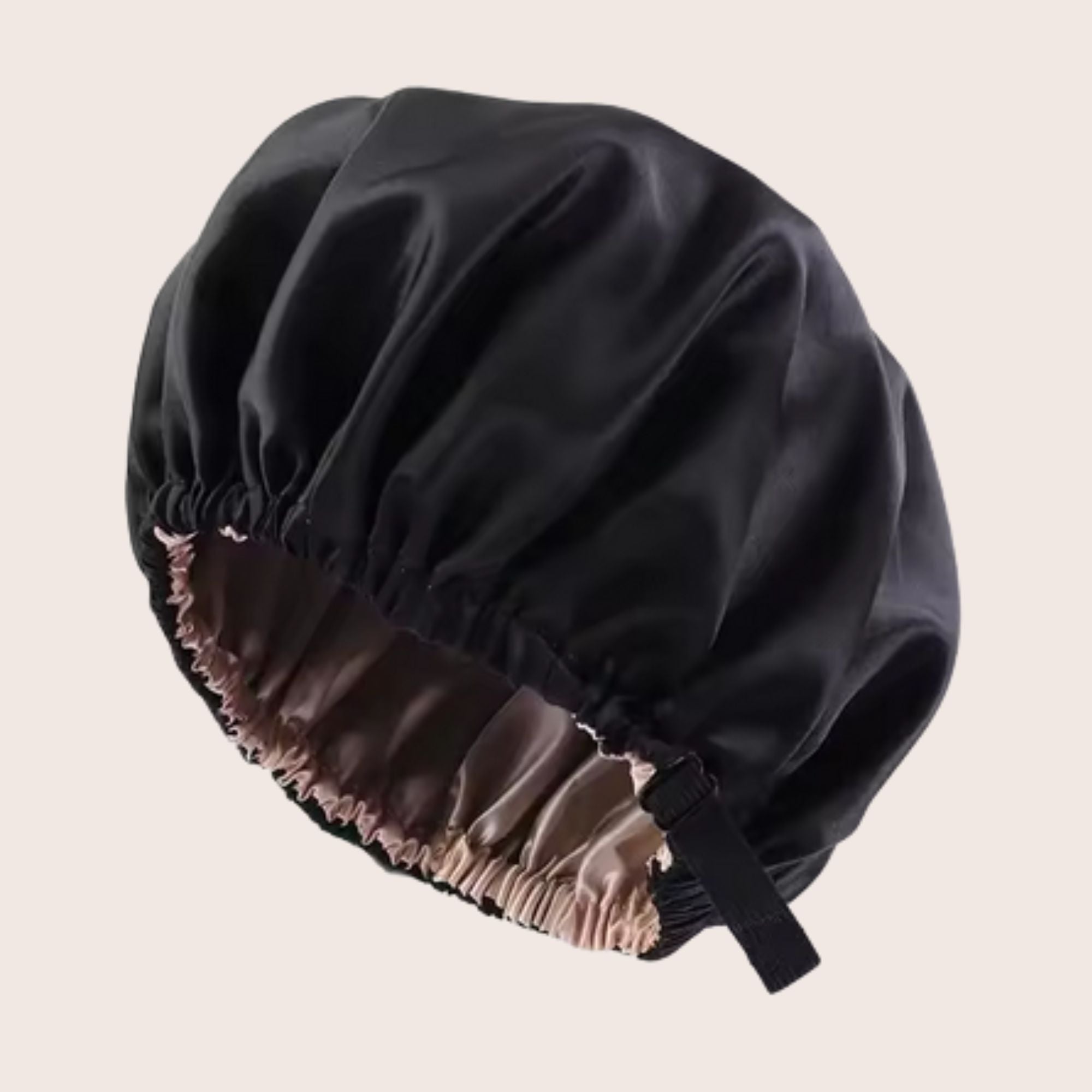 Schwarze doppelseitige Bonnet-Haube aus glattem Satin für Lockenpflege über Nacht