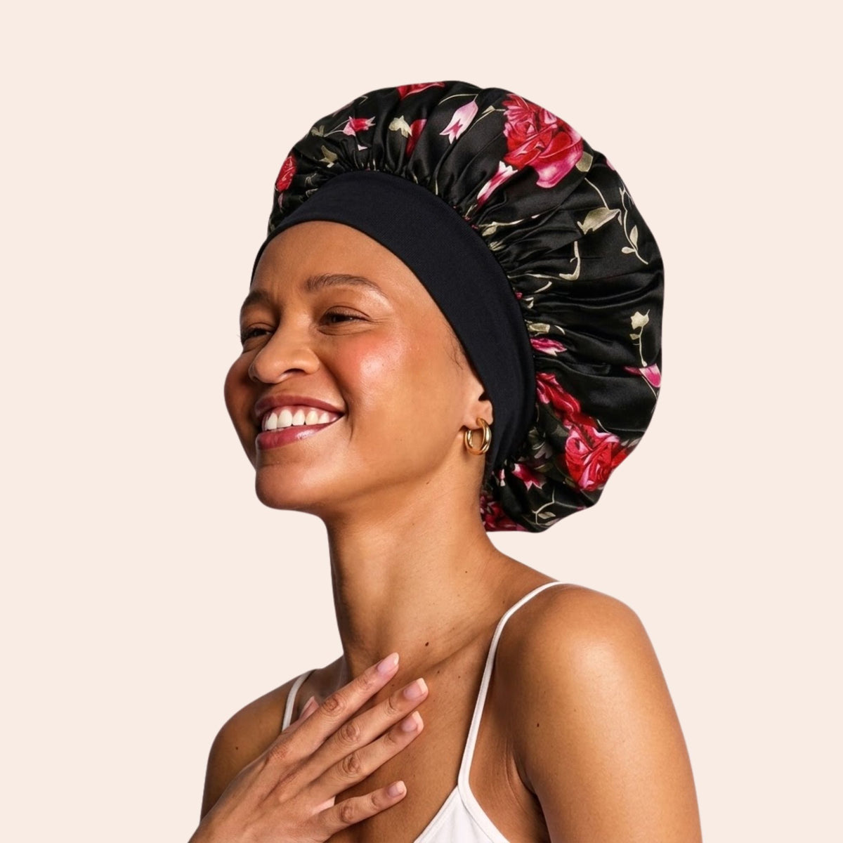 Satin bonnet black red rose print | von Siztaz