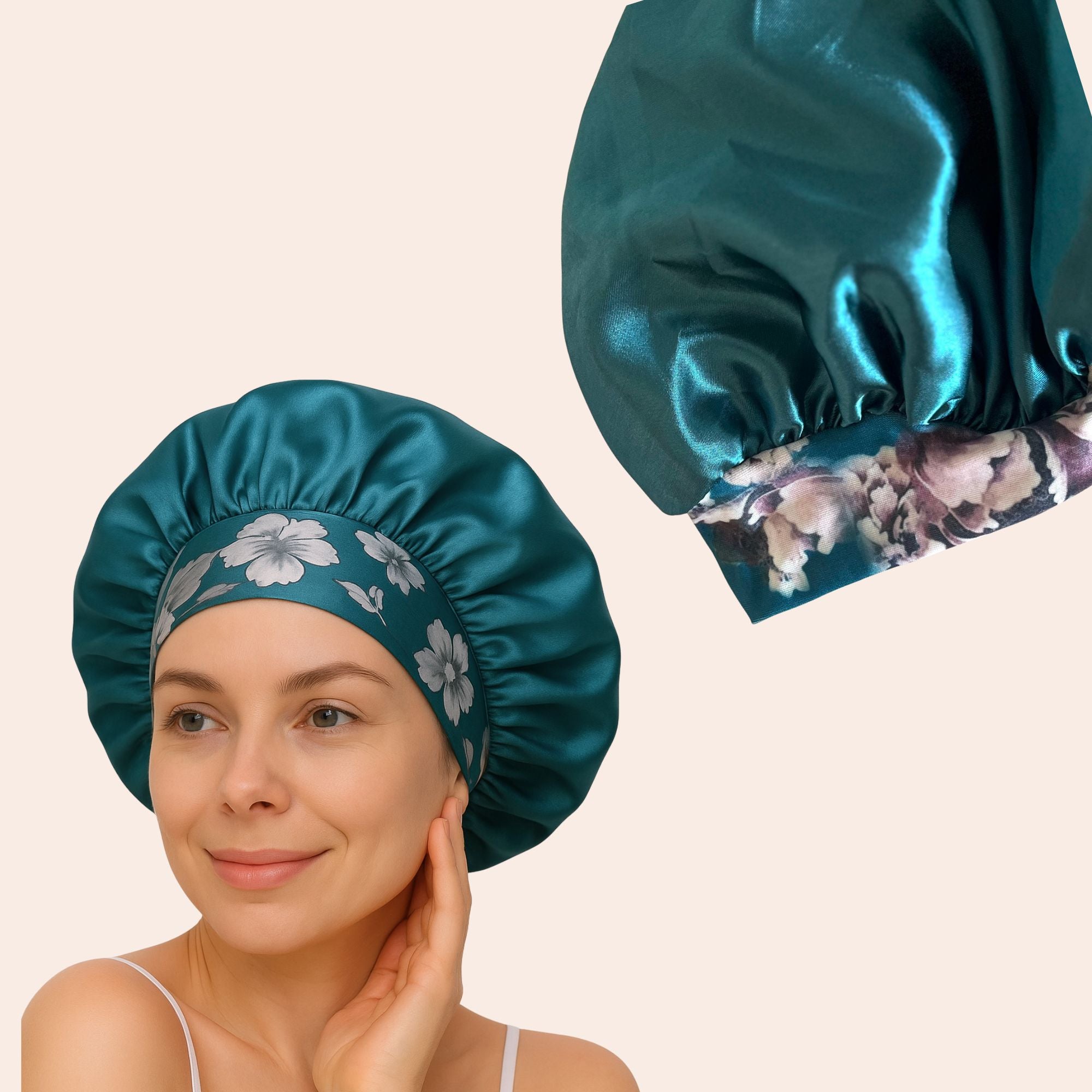 Satin bonnet dark green druck mit Blumen, kopfhaube