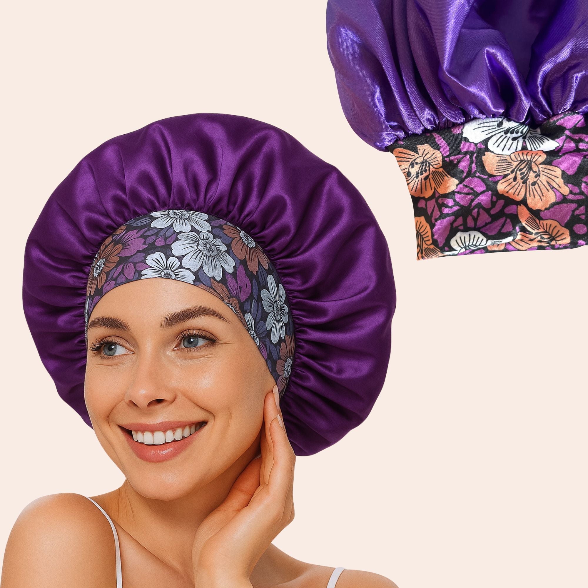 Satin bonnet violett druck mit Blumen, kopfhaube