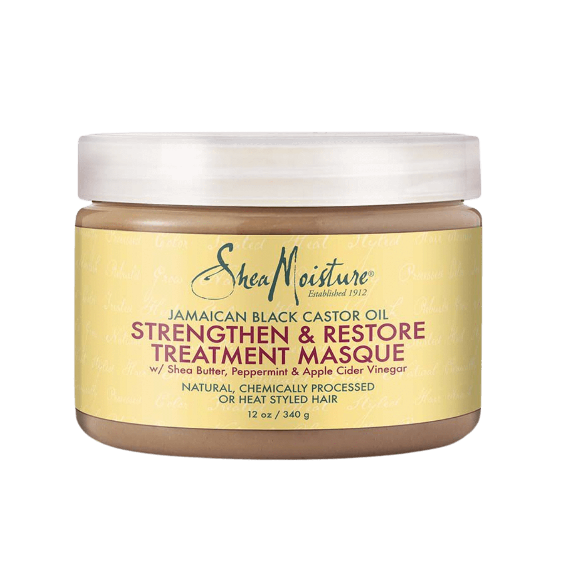 SheaMoisture Jamaican Black Castor Oil Strengthen & Restore Hair Masque, eine Haarmaske mit pflegenden Inhaltsstoffen wie Shea Butter, Pfefferminzöl und Apfelessig, die geschädigtes, strapaziertes Haar stärkt und revitalisiert.