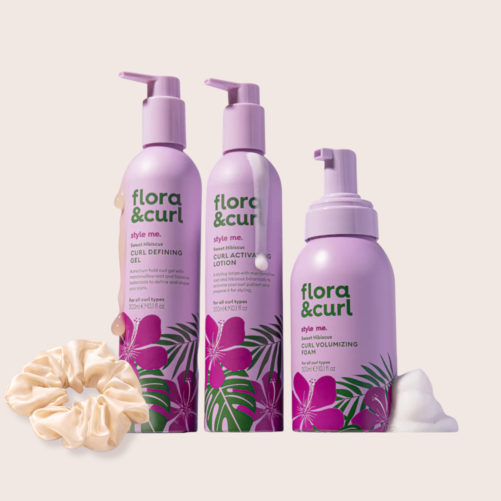 Siztaz | Flora & curl, Definition Set für feines, welliges und lockiges Haar mit Gel, Lotion, Volumen-Schaum und gratis Scrunchie