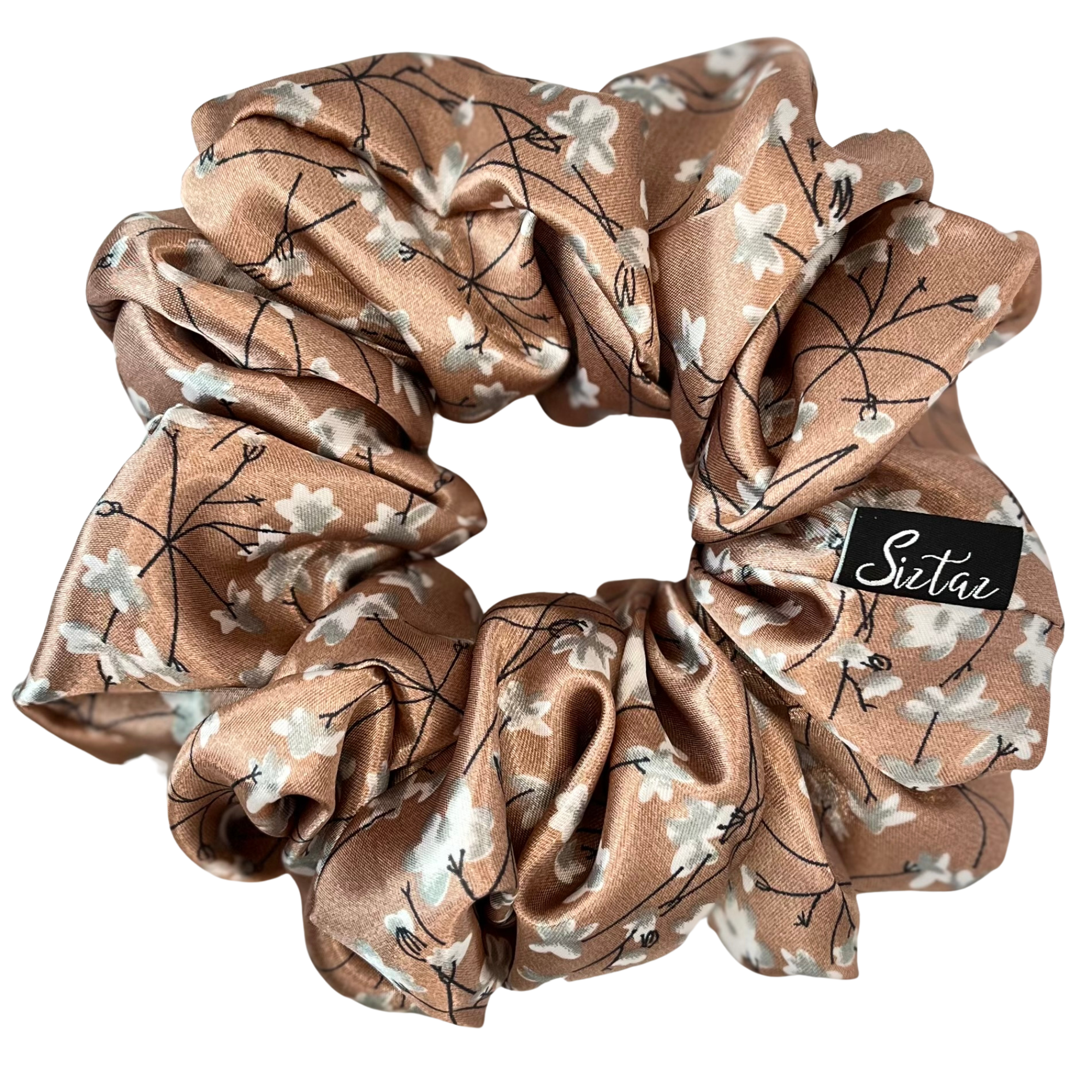 Floral Satin Scrunchie mit herzlichen kleinen Blümen – Handgefertigter Haargummi, der sicheren Halt bietet und das Haar schont, ideal für jeden Look. Brown mit weissen Blümen.