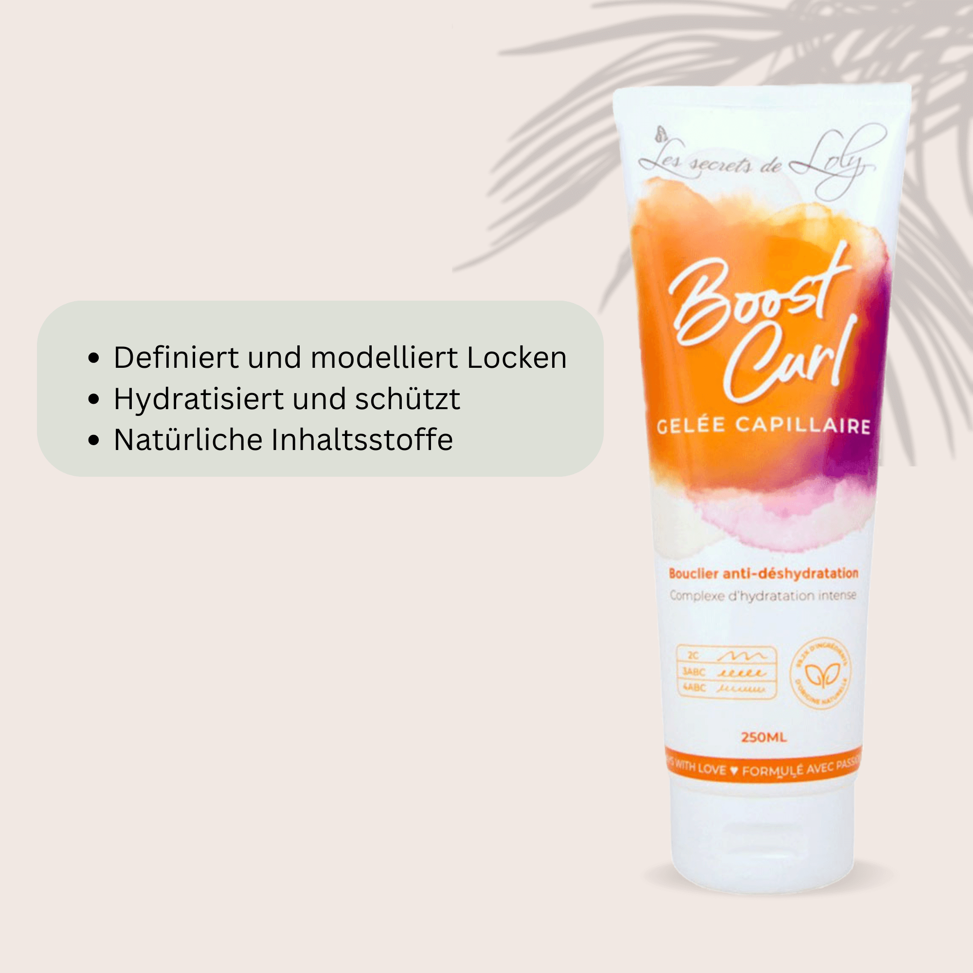 Les Secrets de Loly Boost Styling Gel, ein Haarstyling-Gel, das starken Halt bietet, Frizz kontrolliert und Locken definiert, während es das Haar flexibel und natürlich aussehen lässt.