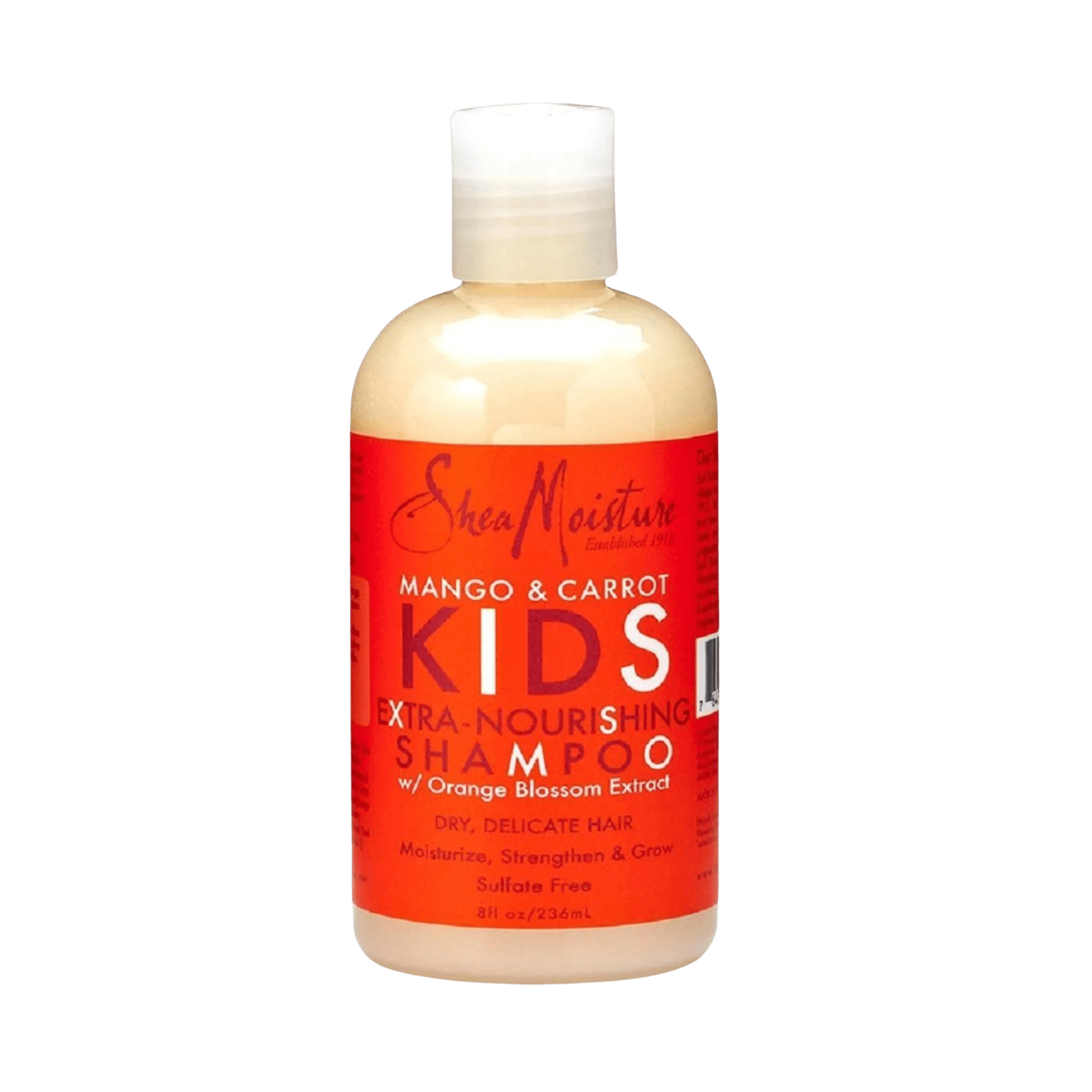 SheaMoisture Mango & Carrot Kids Extra-Nourishing Shampoo, ein pflegendes Shampoo für Kinder mit Mango- und Karottenextrakten, das speziell entwickelt wurde, um Locken zu nähren, zu stärken und leichter kämmbar zu machen.